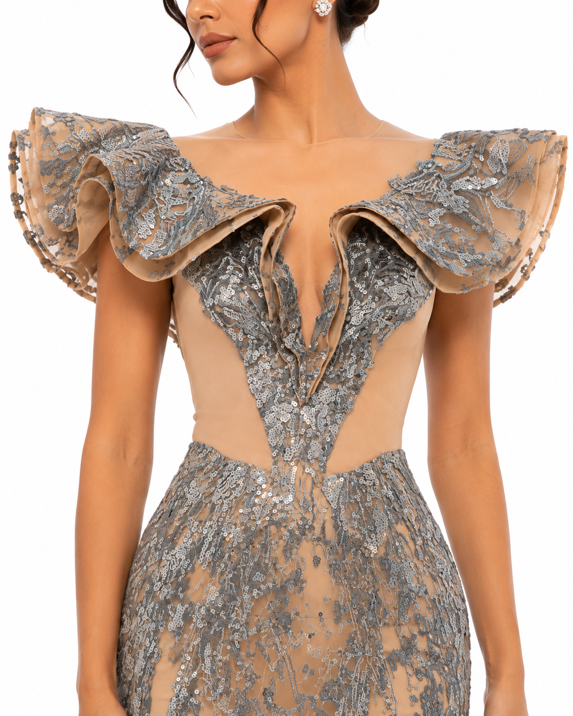 RUFFLE EMBROIDERED GOWN