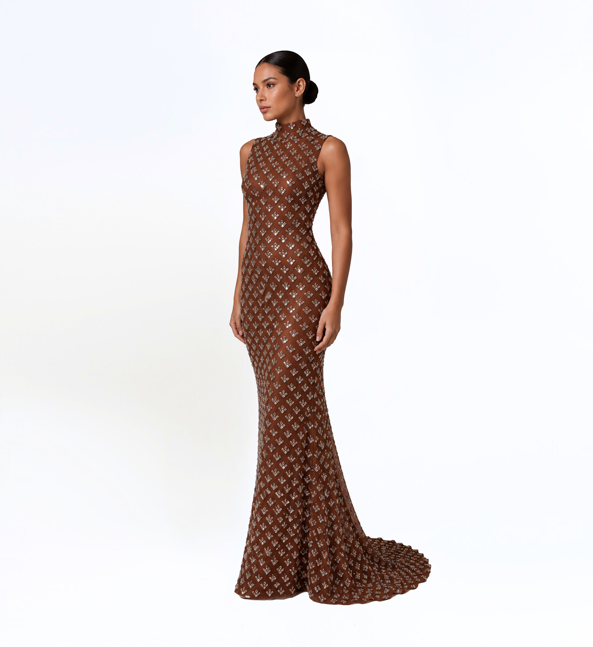 HIGH NECK CRYSTAL EMBELLISHED GOWN