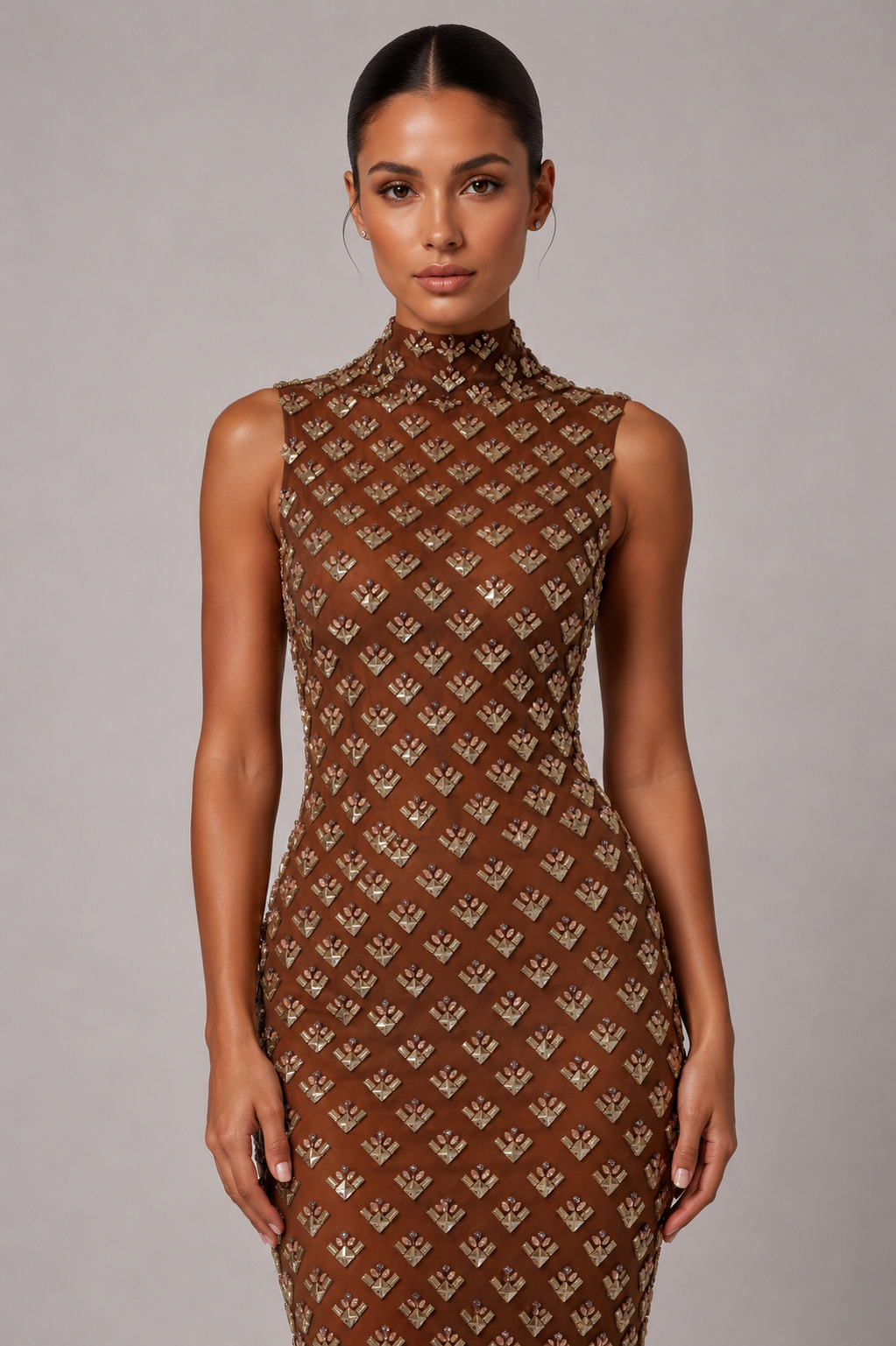 HIGH NECK CRYSTAL-EMBELLISHED GOWN
