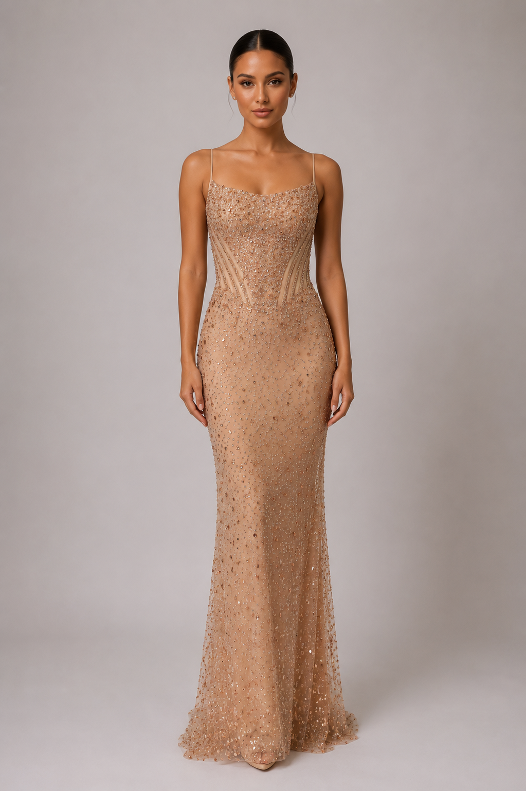 CHAMPAGNE EMBELLISHED COLUMN GOWN