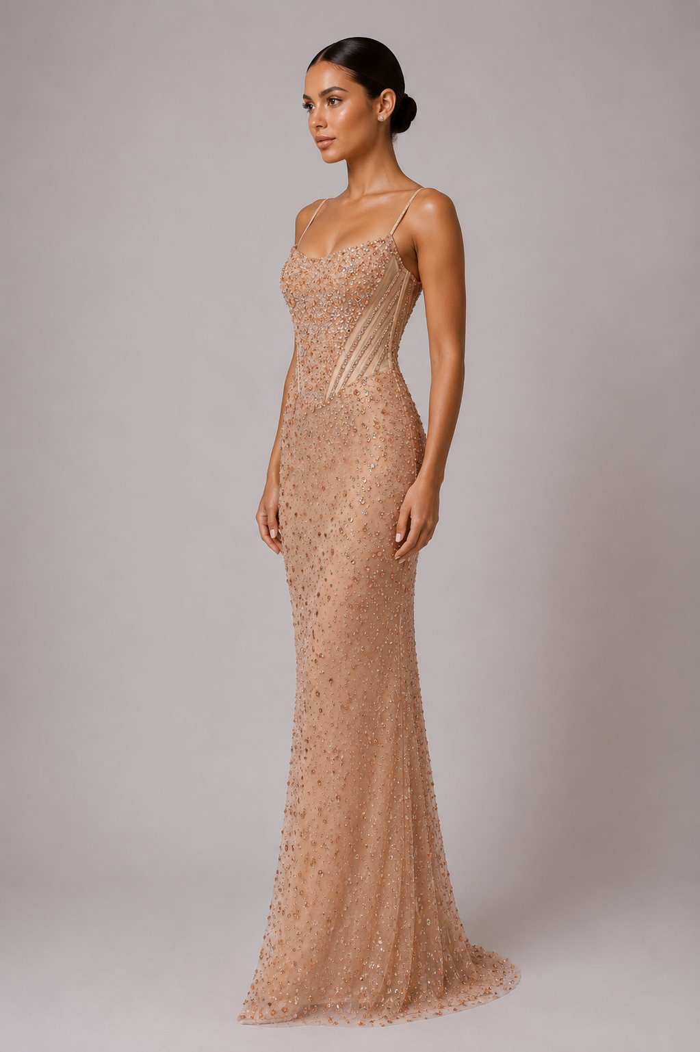 CHAMPAGNE EMBELLISHED COLUMN GOWN