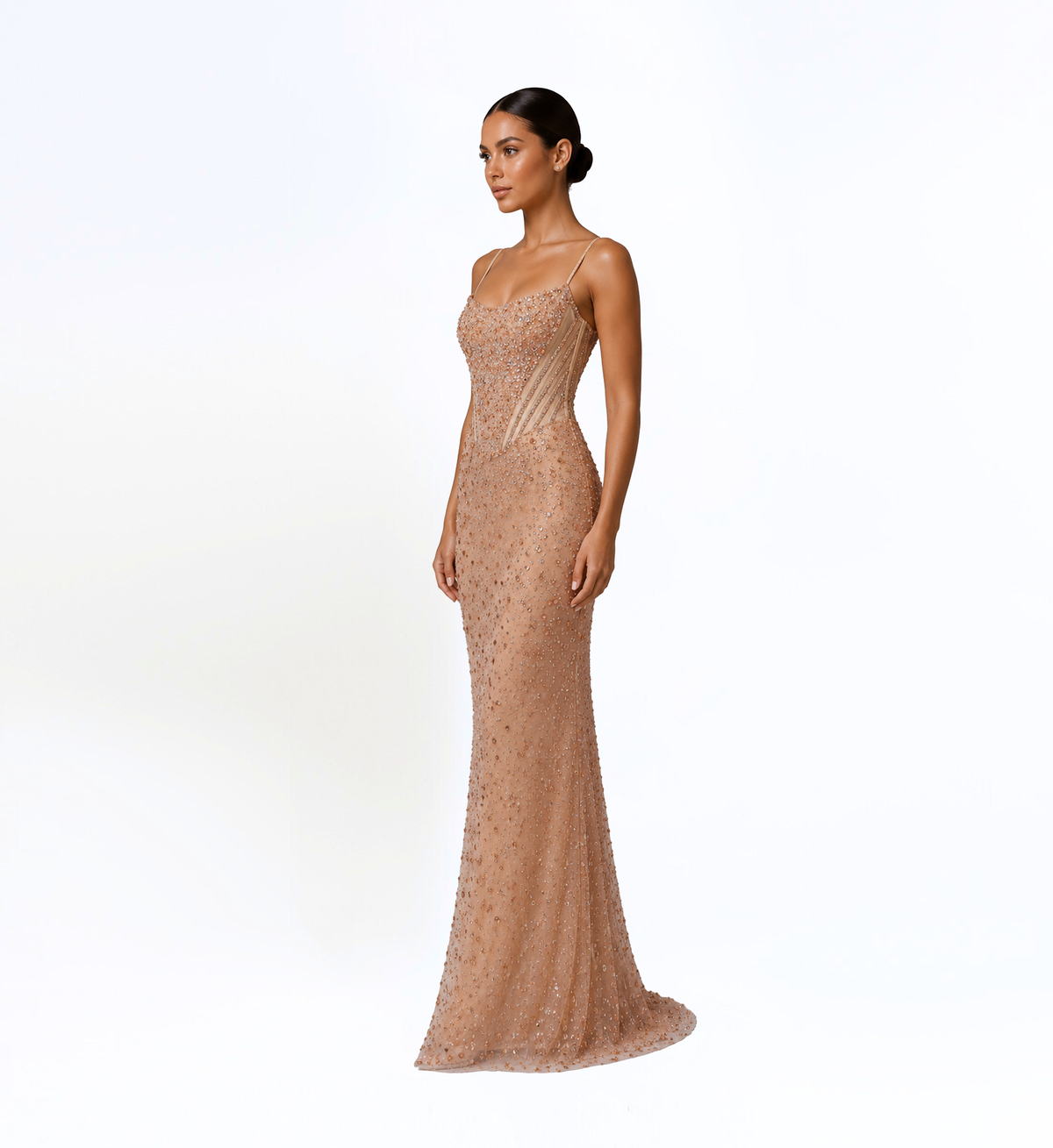 CHAMPAGNE EMBELLISHED COLUMN GOWN