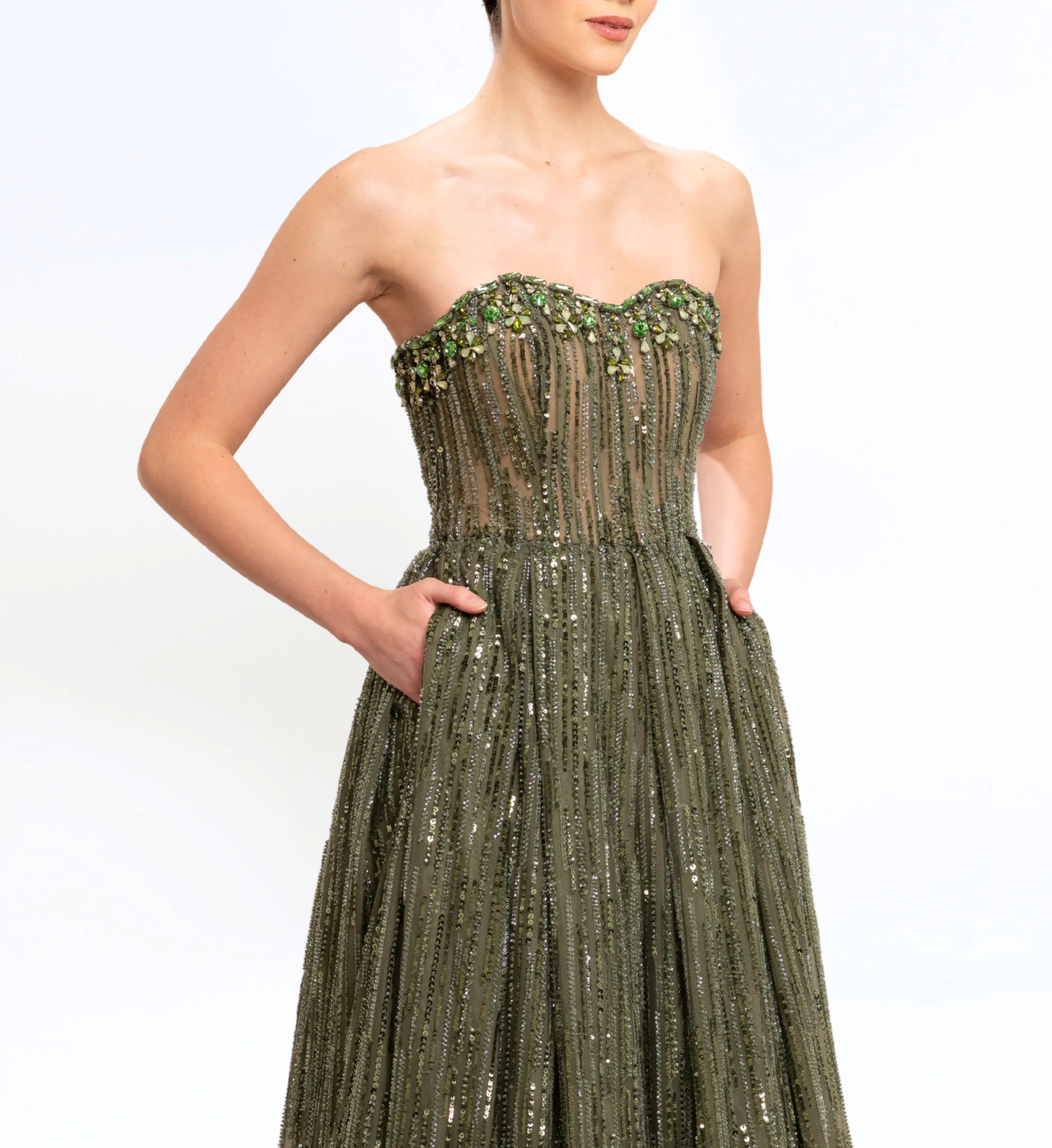 BEAD EMBROIDERED SWEETHEART NECK GOWN