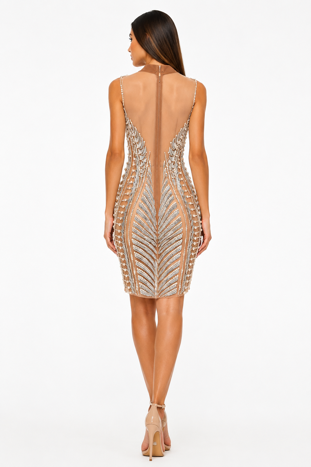 NUDE EMBELLISHED V-NECK MINI DRESS