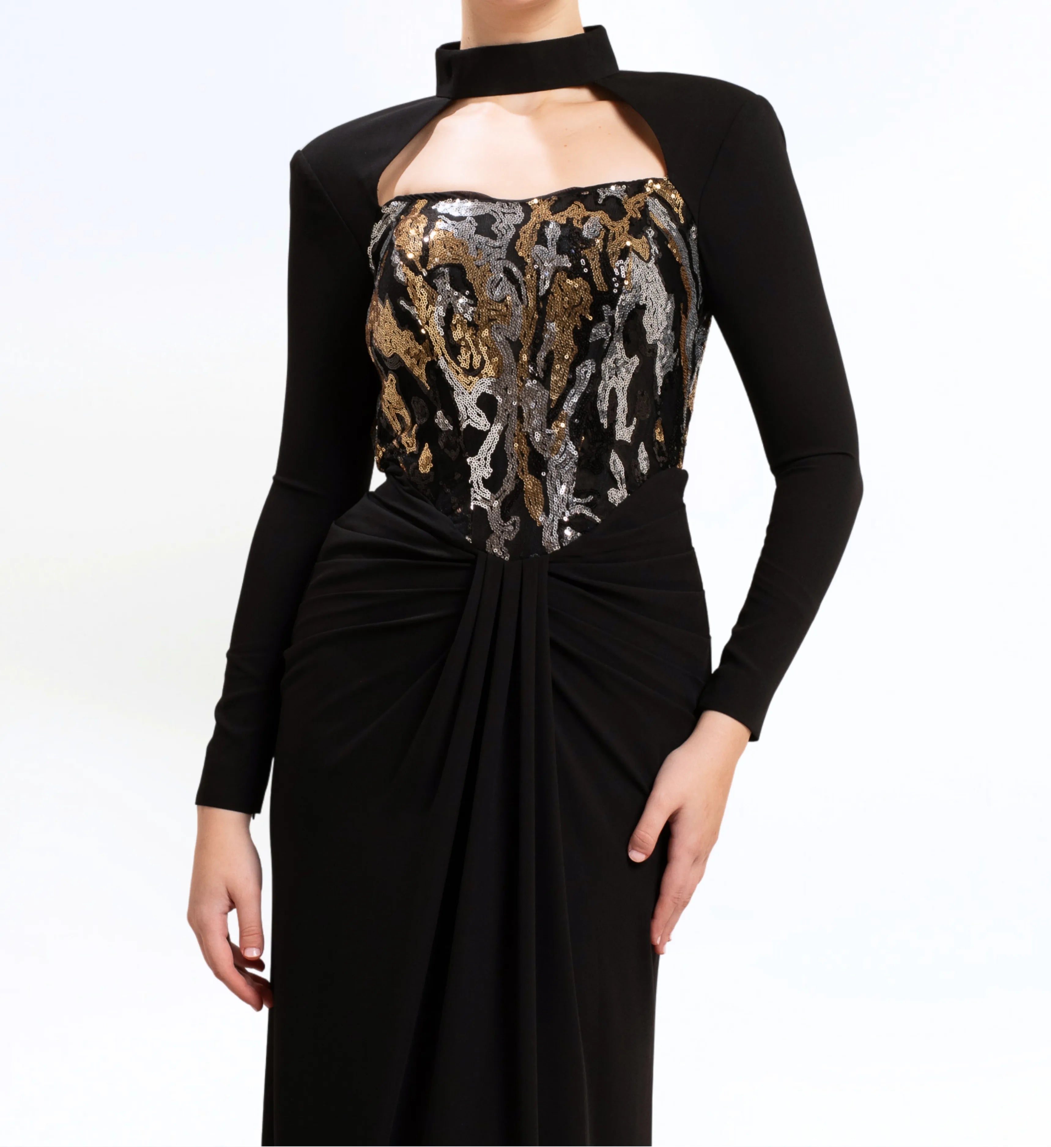 SEQUIN EMBROIDERED OPEN BACK LONG DRESS
