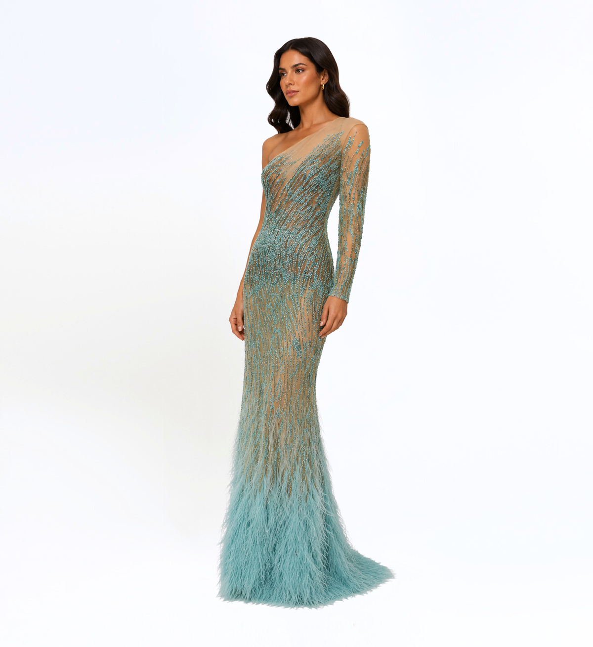 ONE SHOULDER OMBRE BEADED FEATHER GOWN