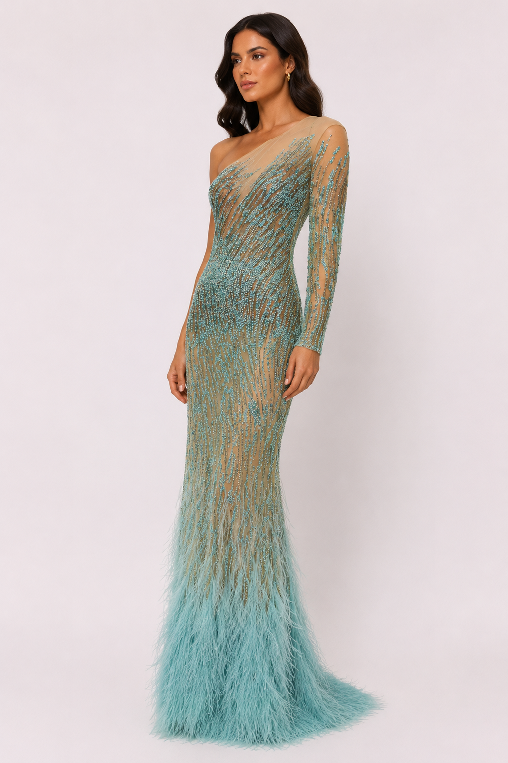 ONE-SHOULDER OMBRE BEADED FEATHER GOWN