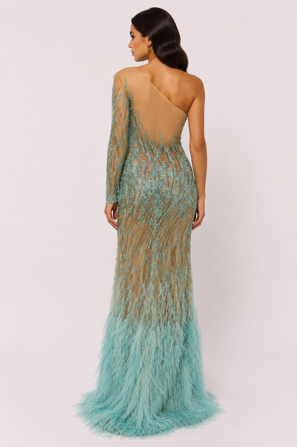 ONE-SHOULDER OMBRE BEADED FEATHER GOWN