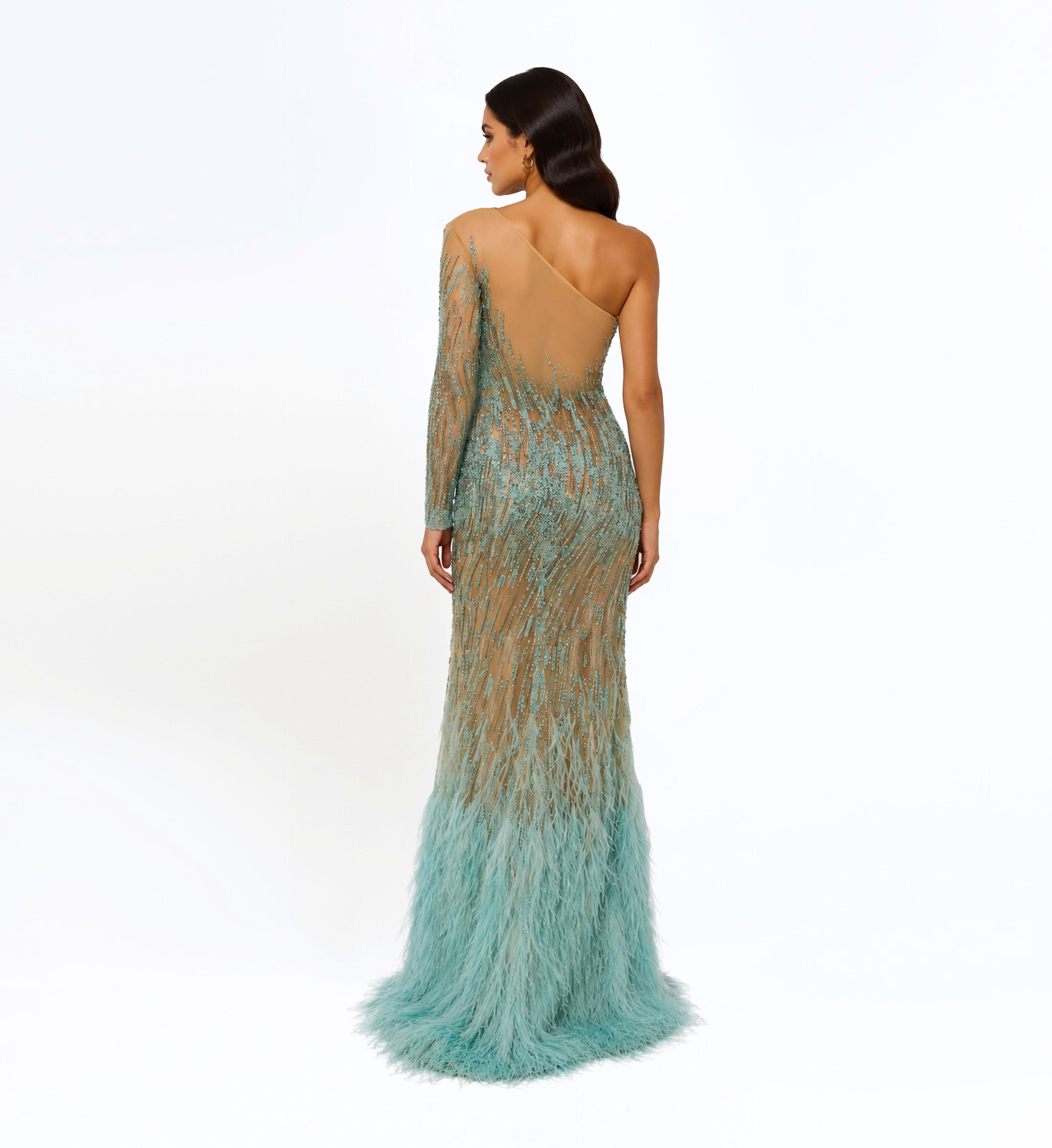 ONE SHOULDER OMBRE BEADED FEATHER GOWN