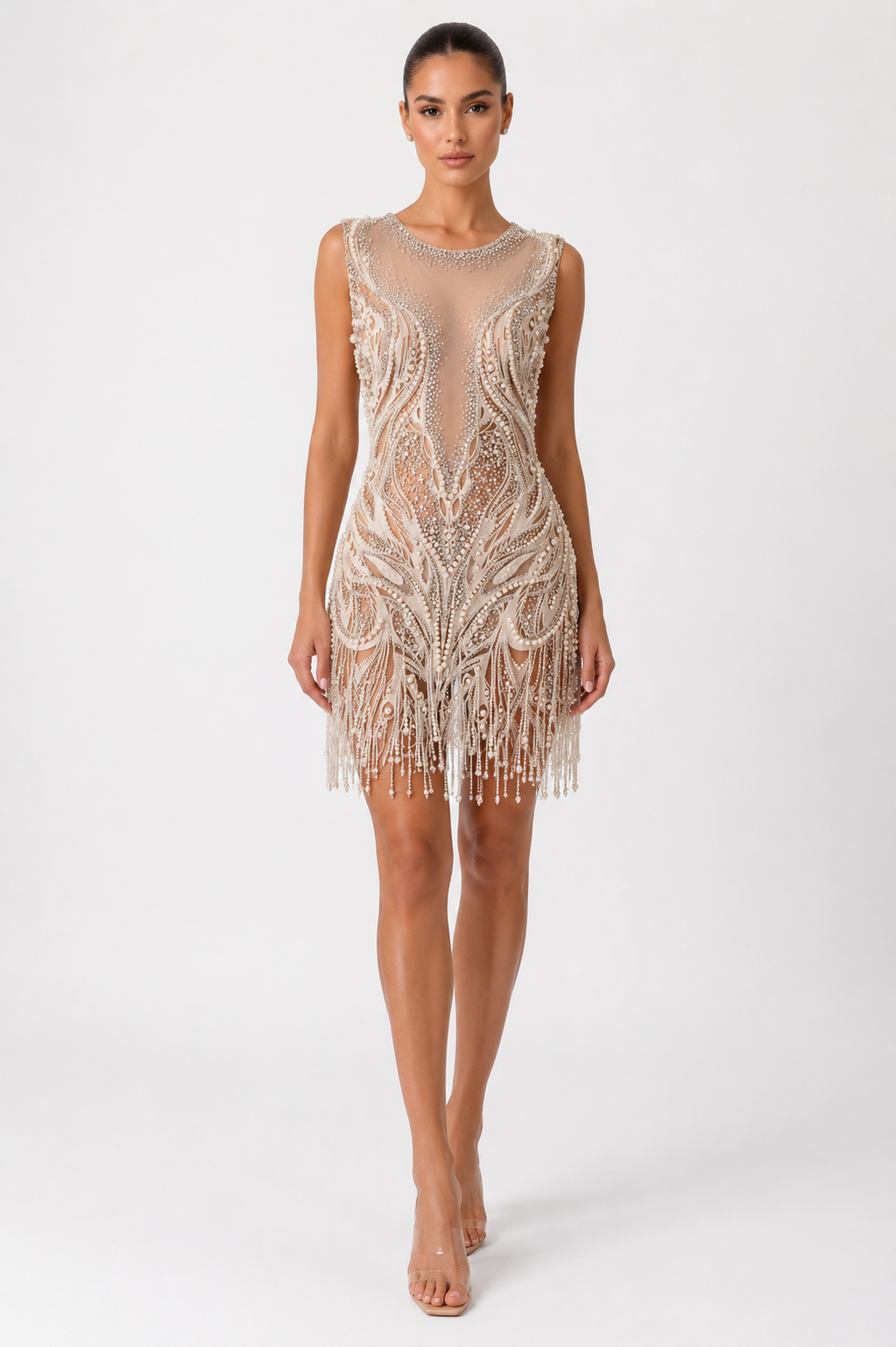 PEARL EMBELLISHED FRINGE MINI DRESS