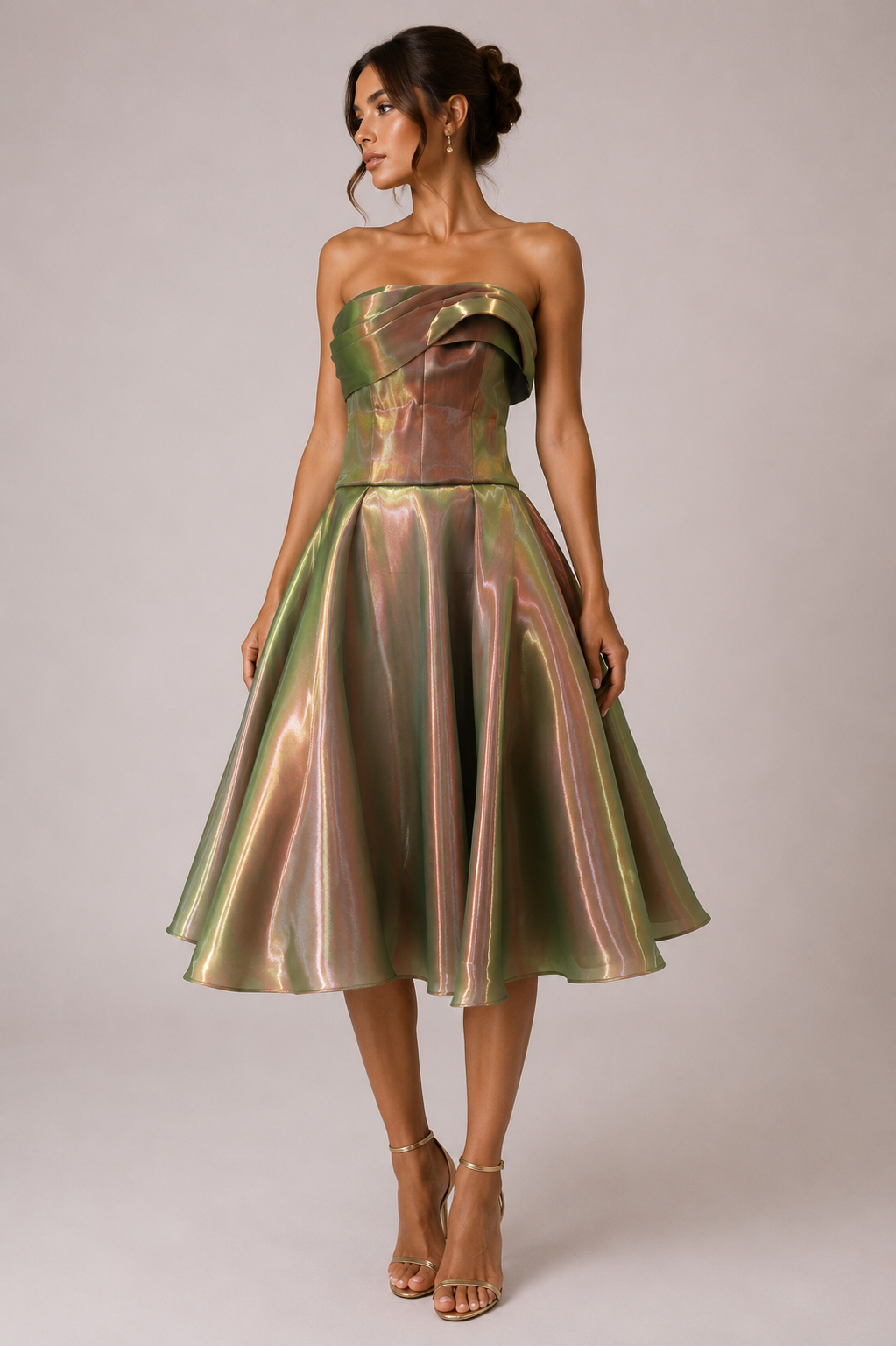 IRIDESCENT STRAPLESS MIDI DRESS