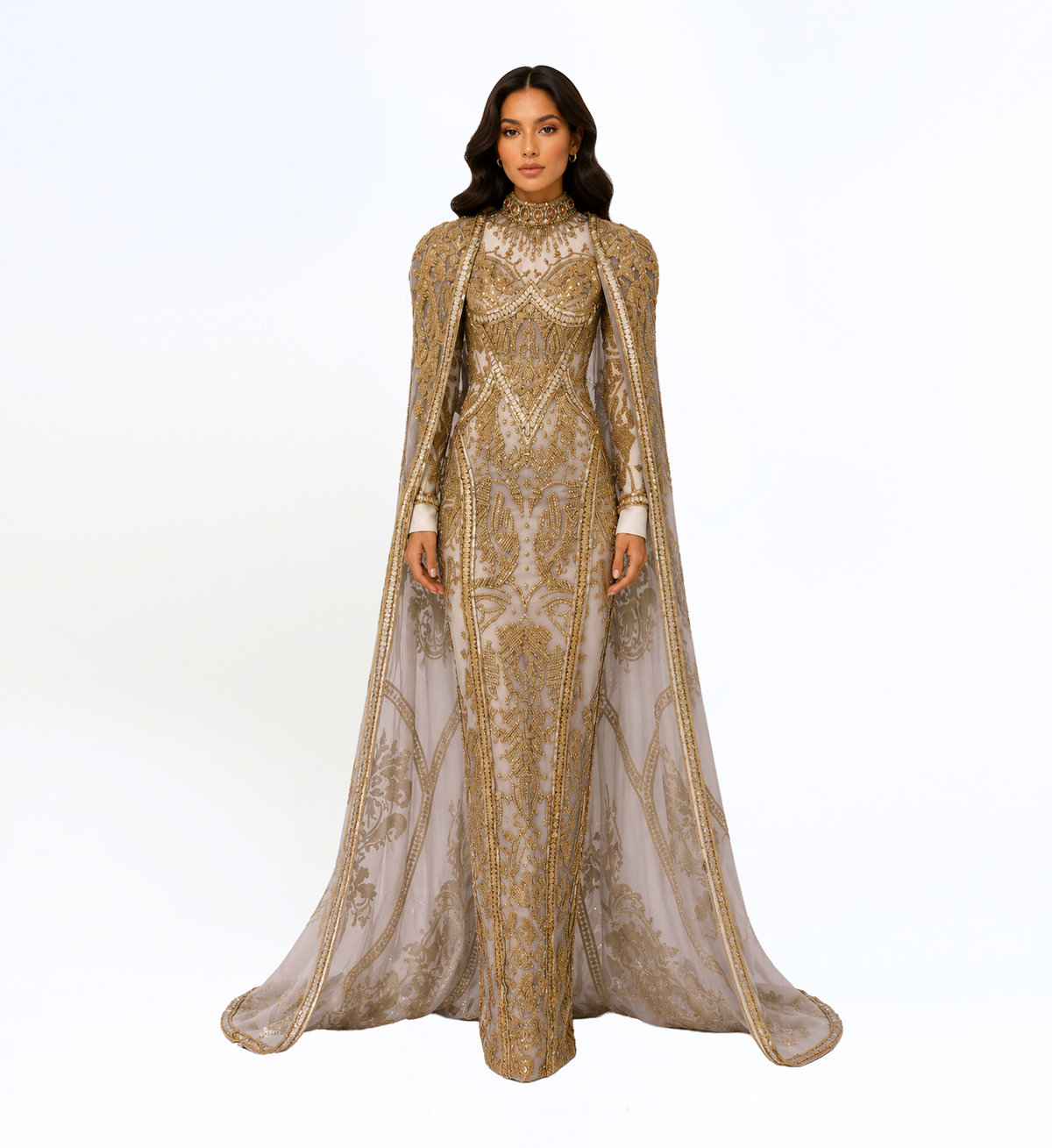 EMBELLISHED CAPE GOWN