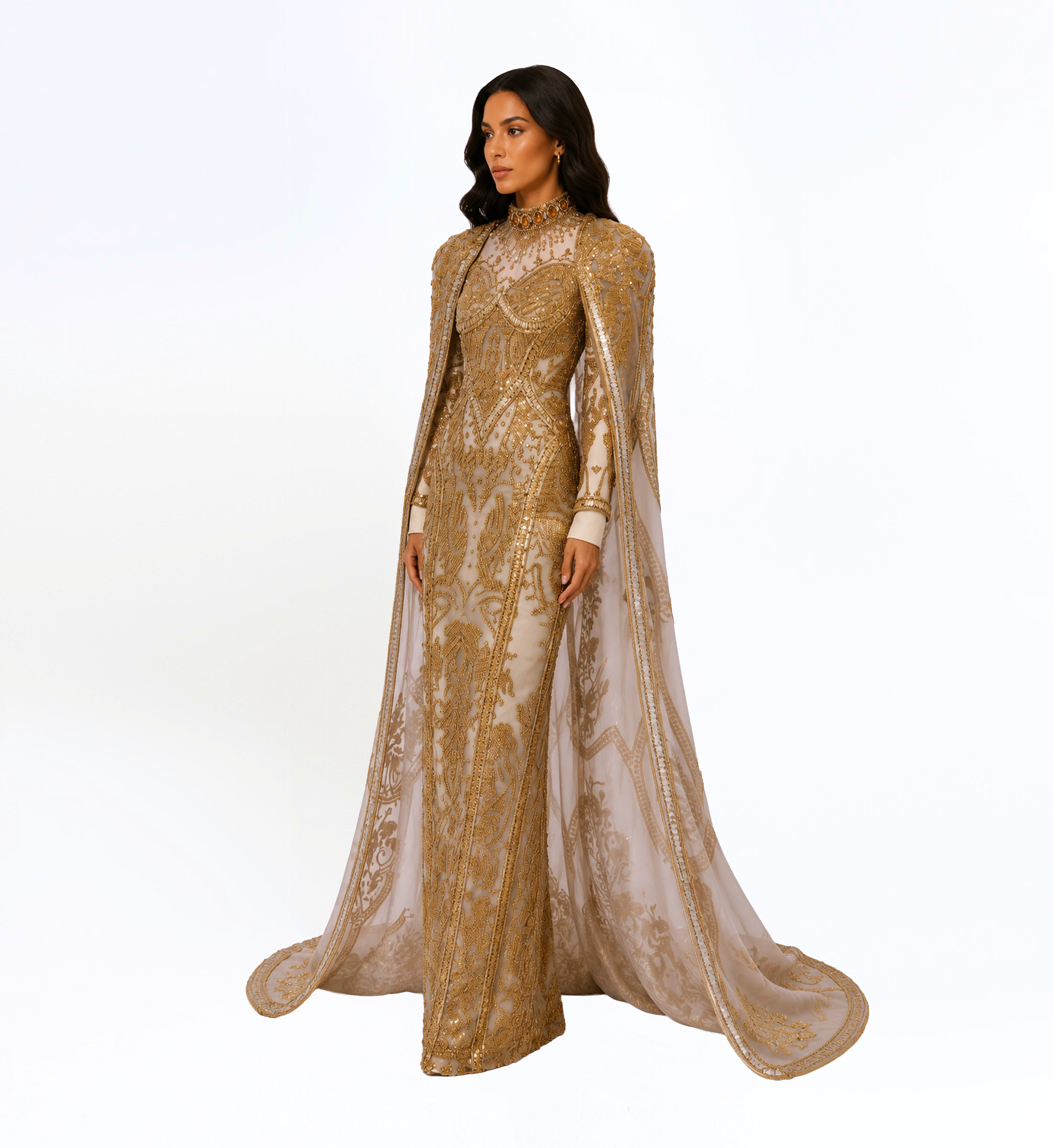 EMBELLISHED CAPE GOWN