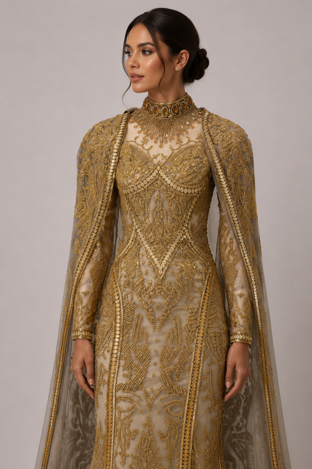 EMBELLISHED CAPE GOWN