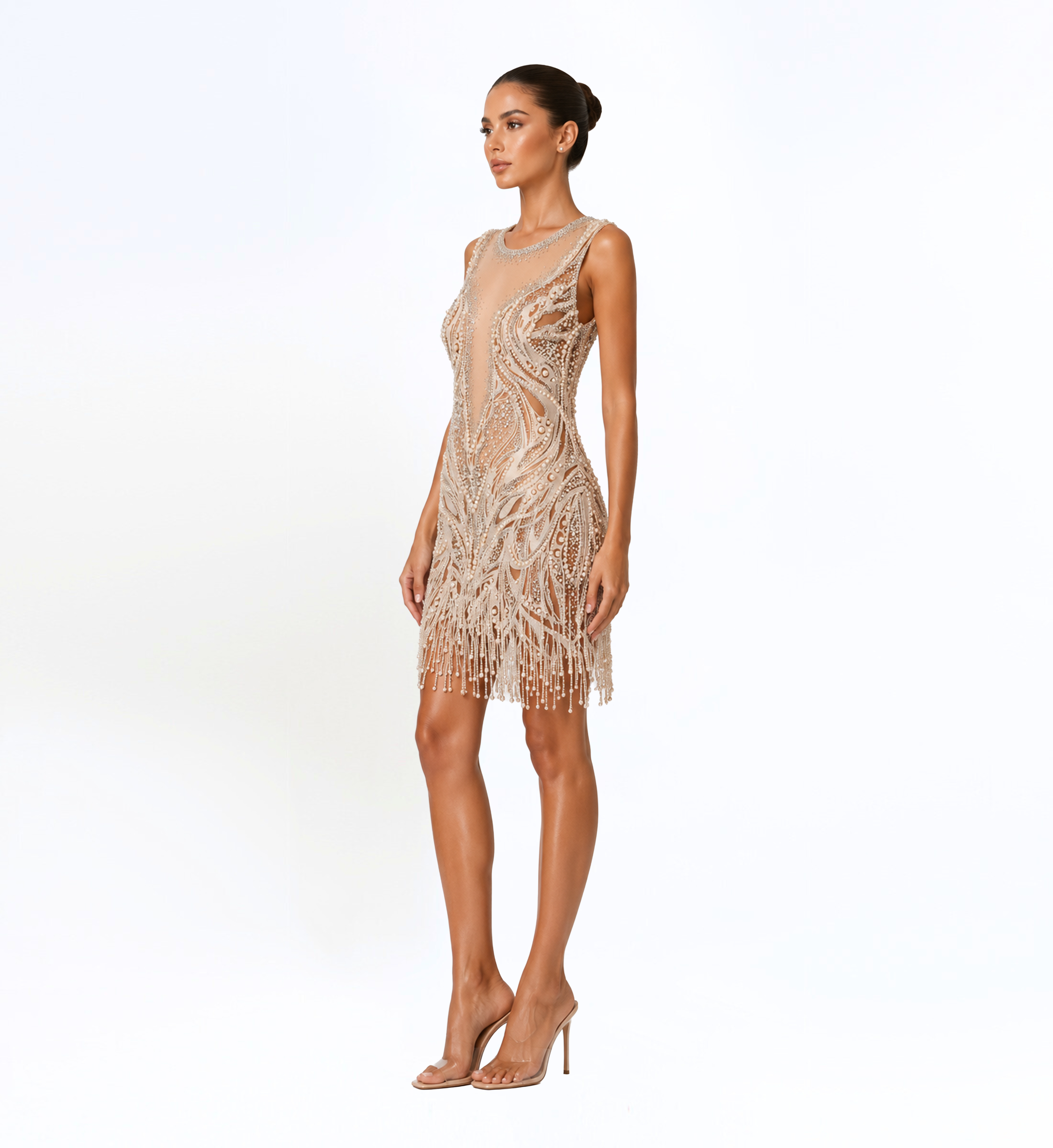 PEARL EMBELLISHED FRINGE MINI DRESS