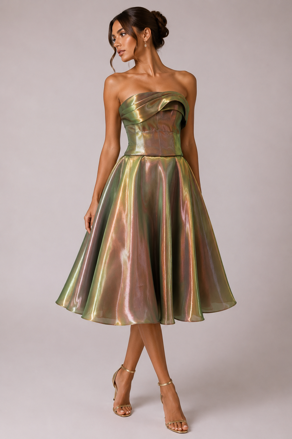 IRIDESCENT STRAPLESS MIDI DRESS
