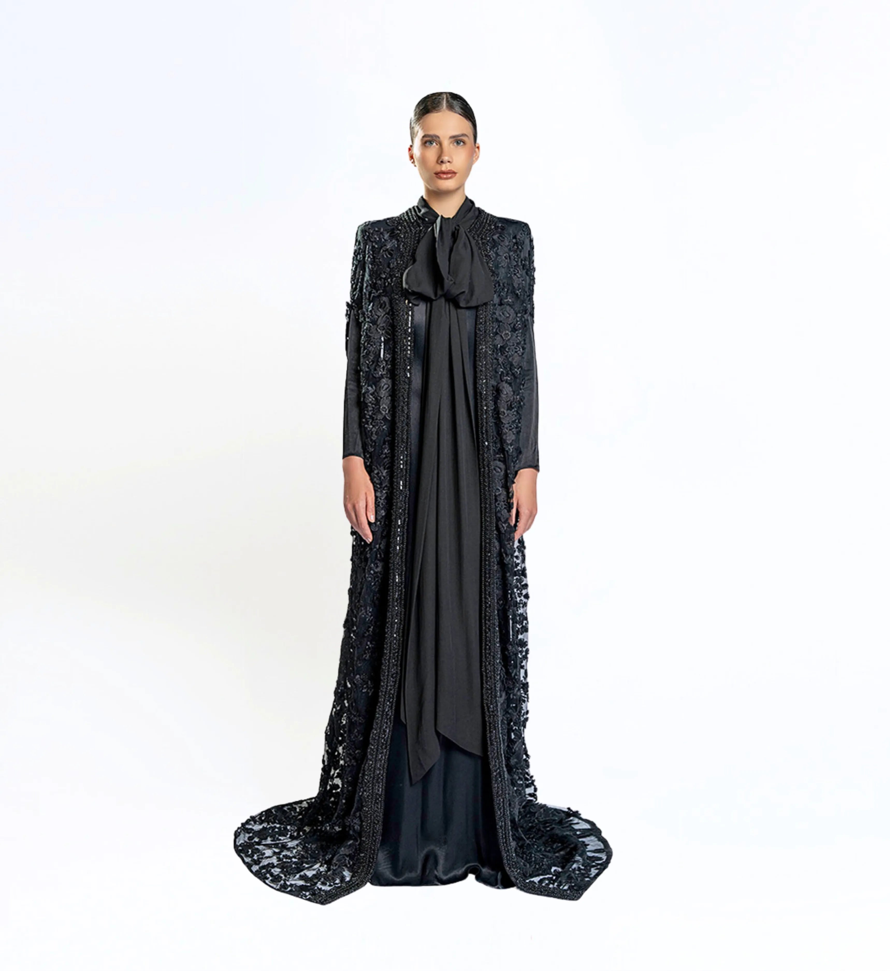 Embroidered Cape Gown – Black