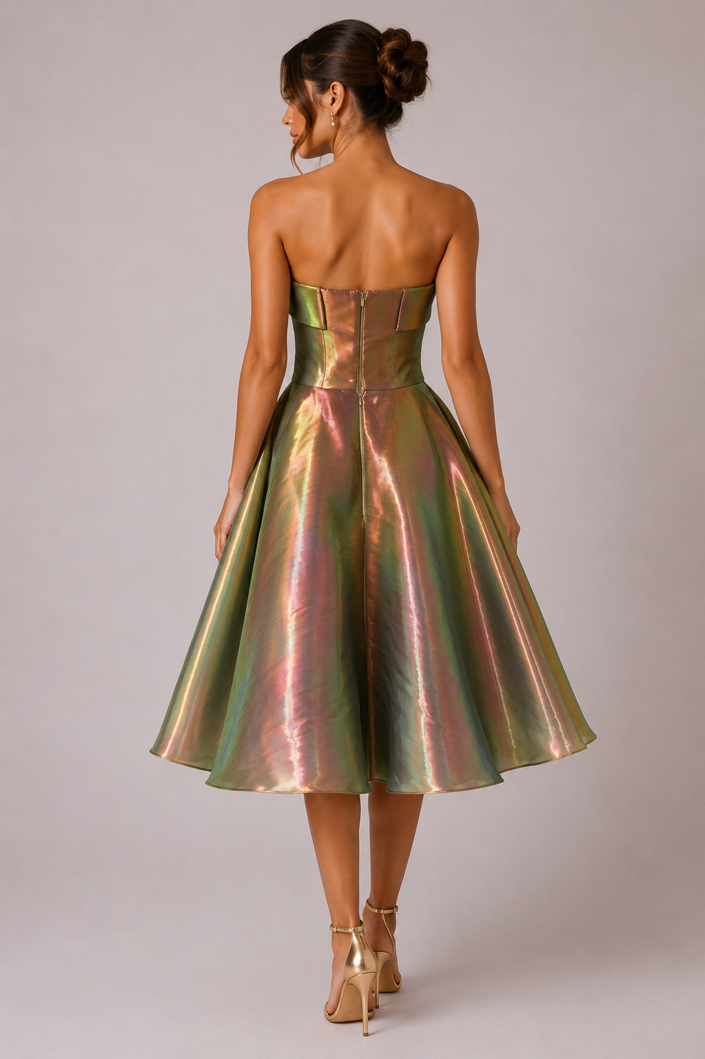 IRIDESCENT STRAPLESS MIDI DRESS