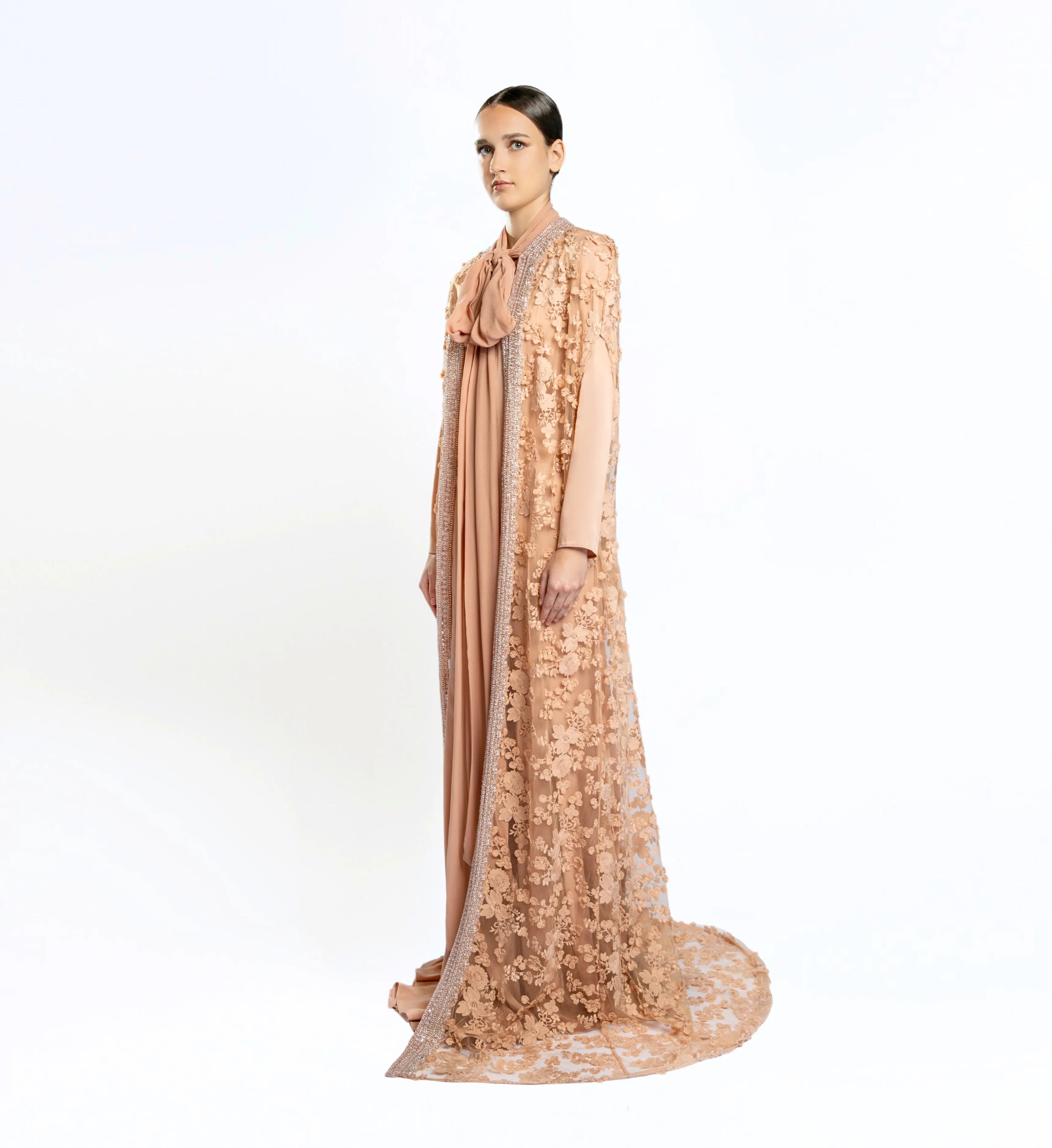 Embroidered cape gown - Light Brown