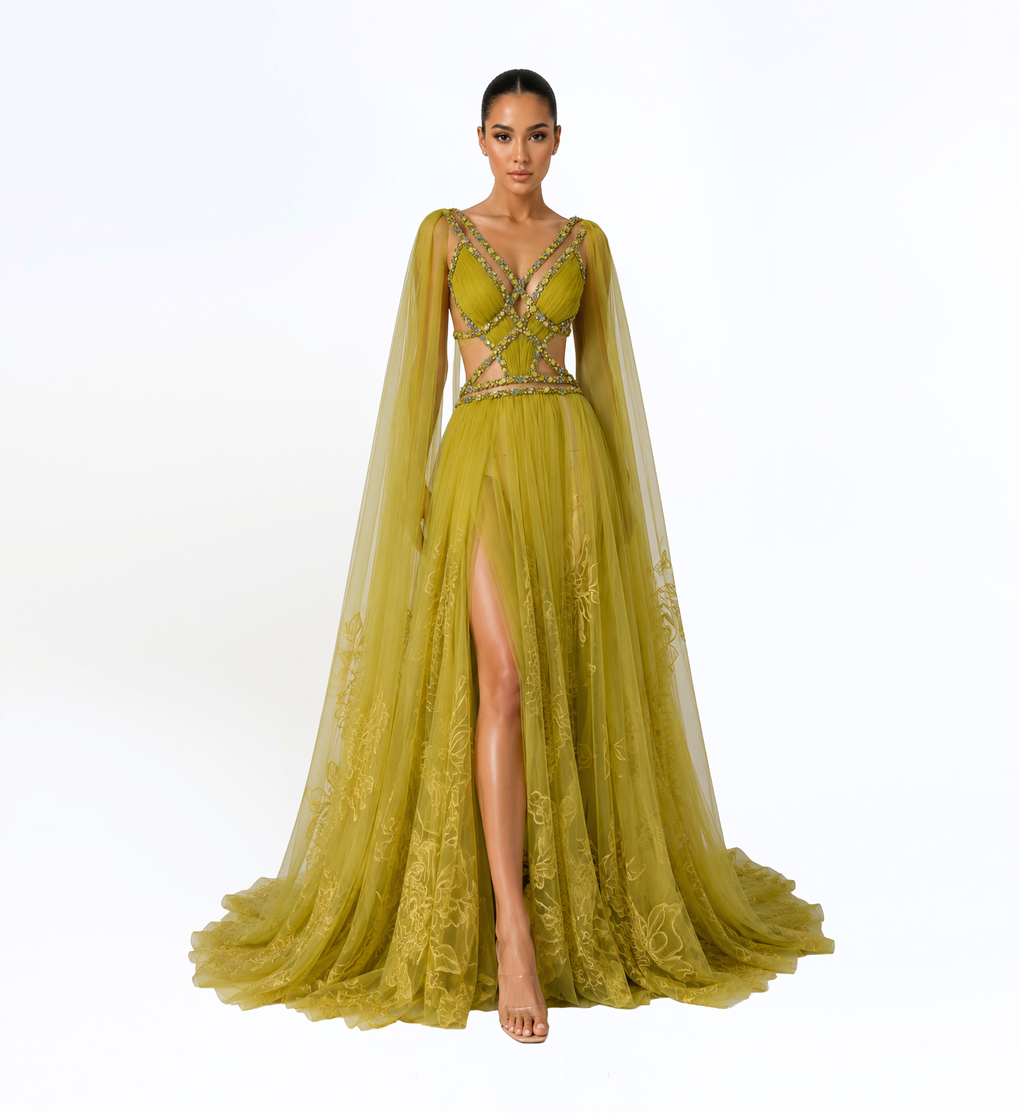 TULLE CUTOUT CAPE GOWN
