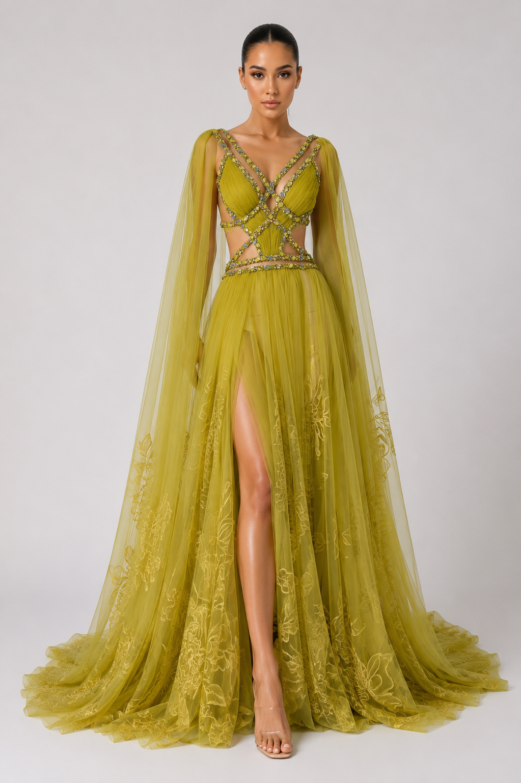 TULLE CUTOUT CAPE GOWN