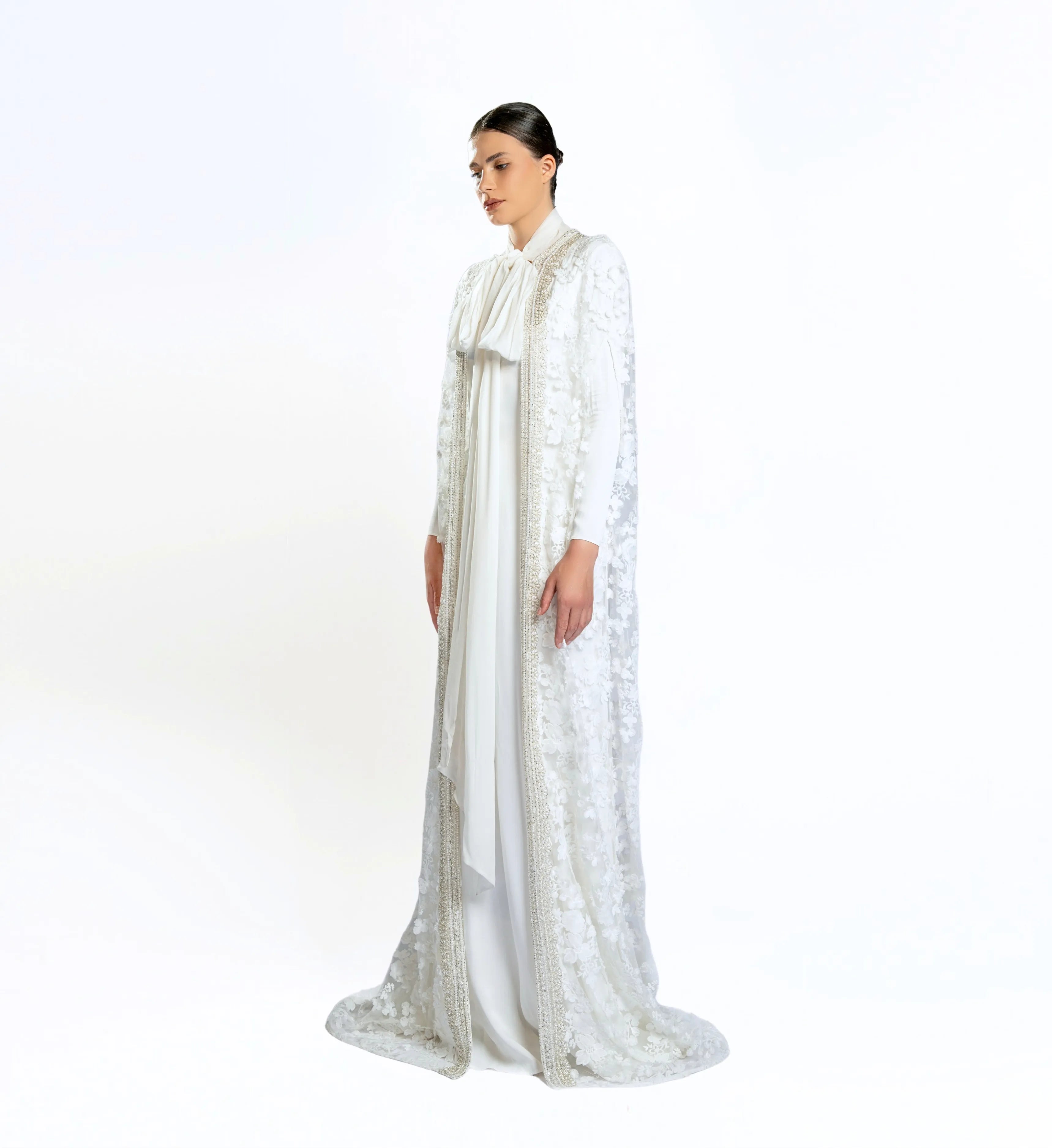Embroidered Cape Gown - White