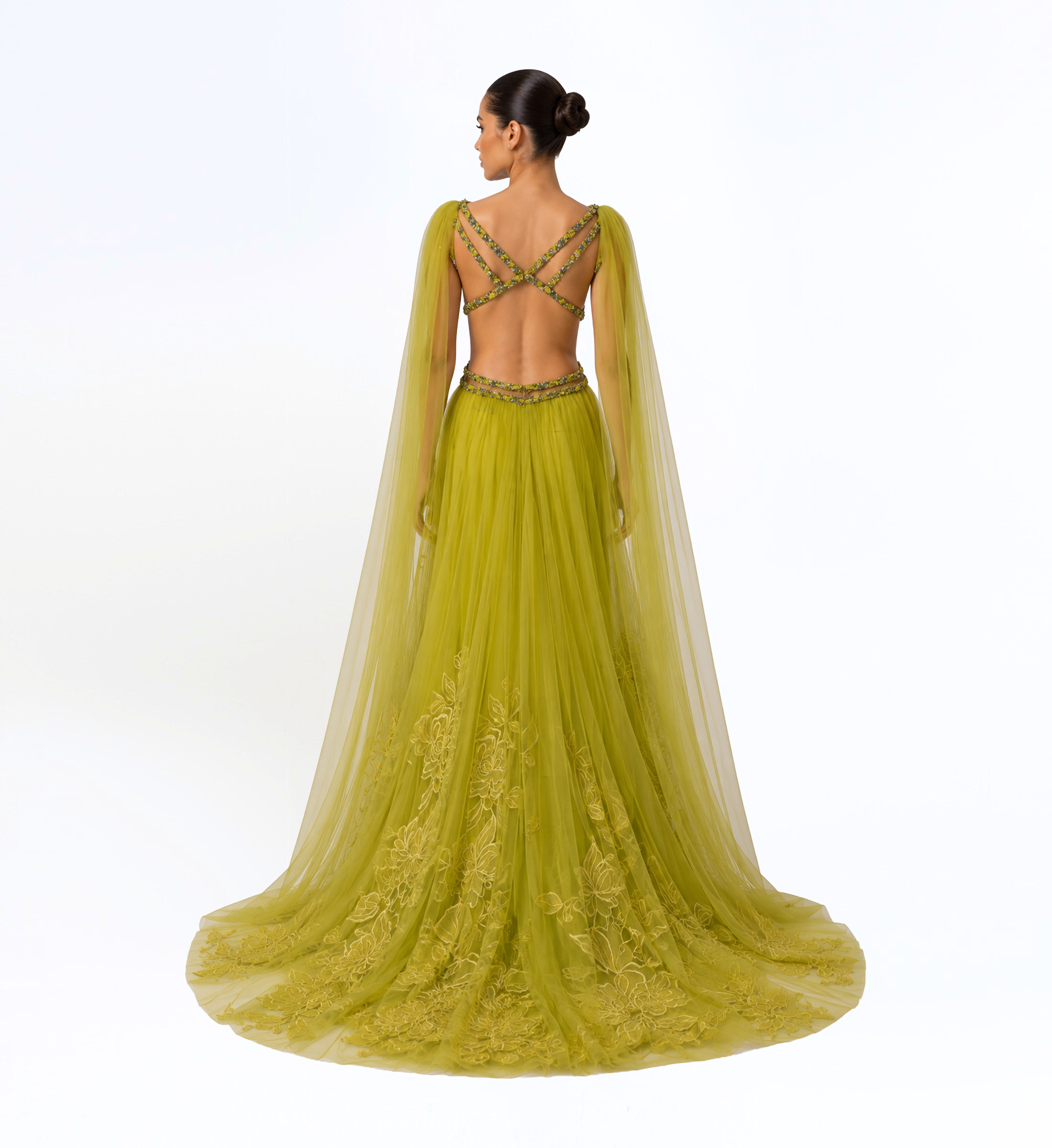 TULLE CUTOUT CAPE GOWN