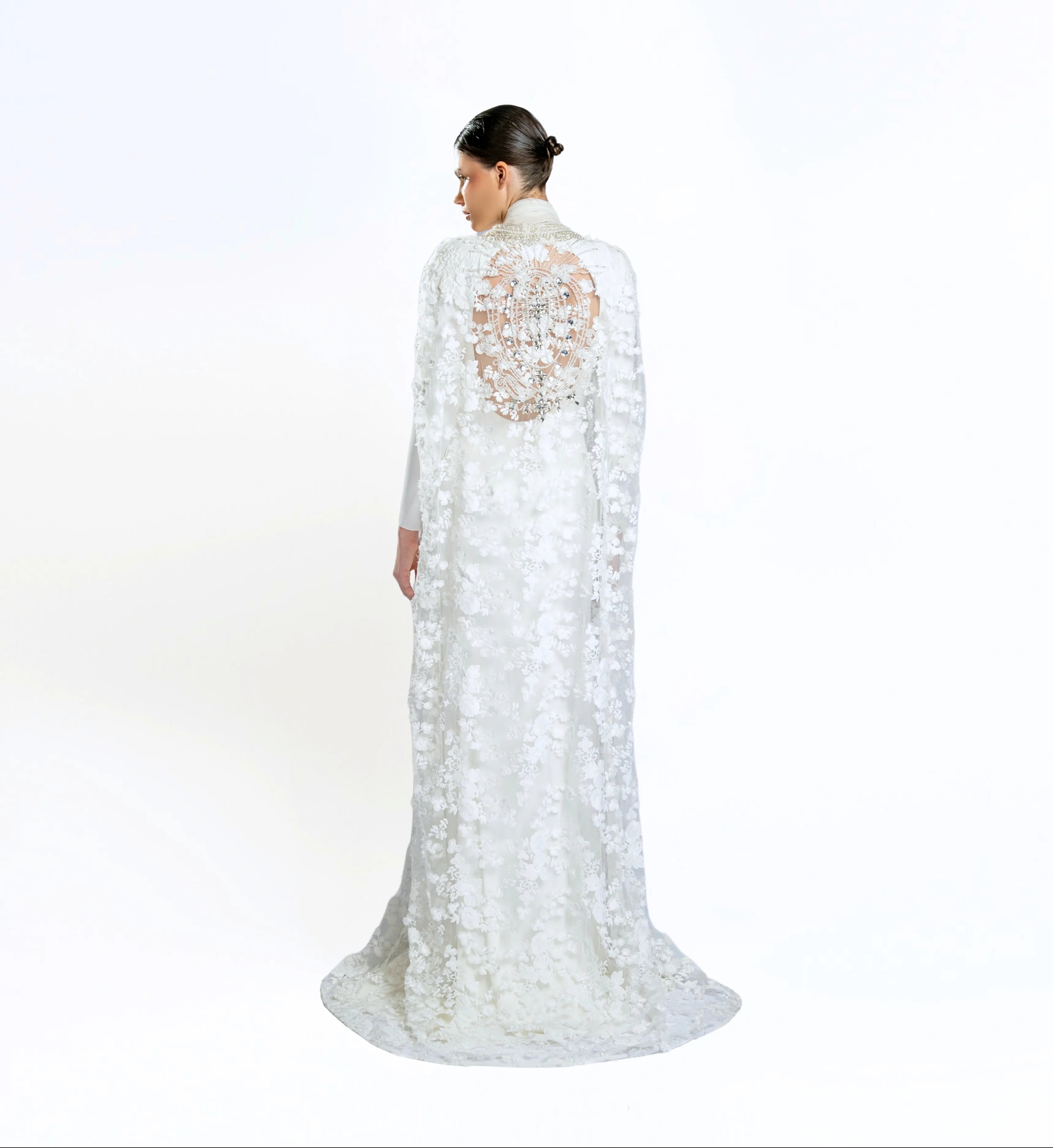 Embroidered Cape Gown - White