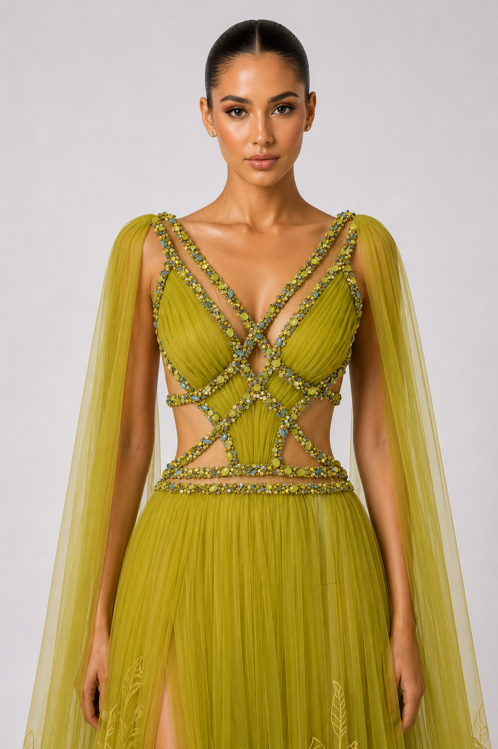 TULLE CUTOUT CAPE GOWN