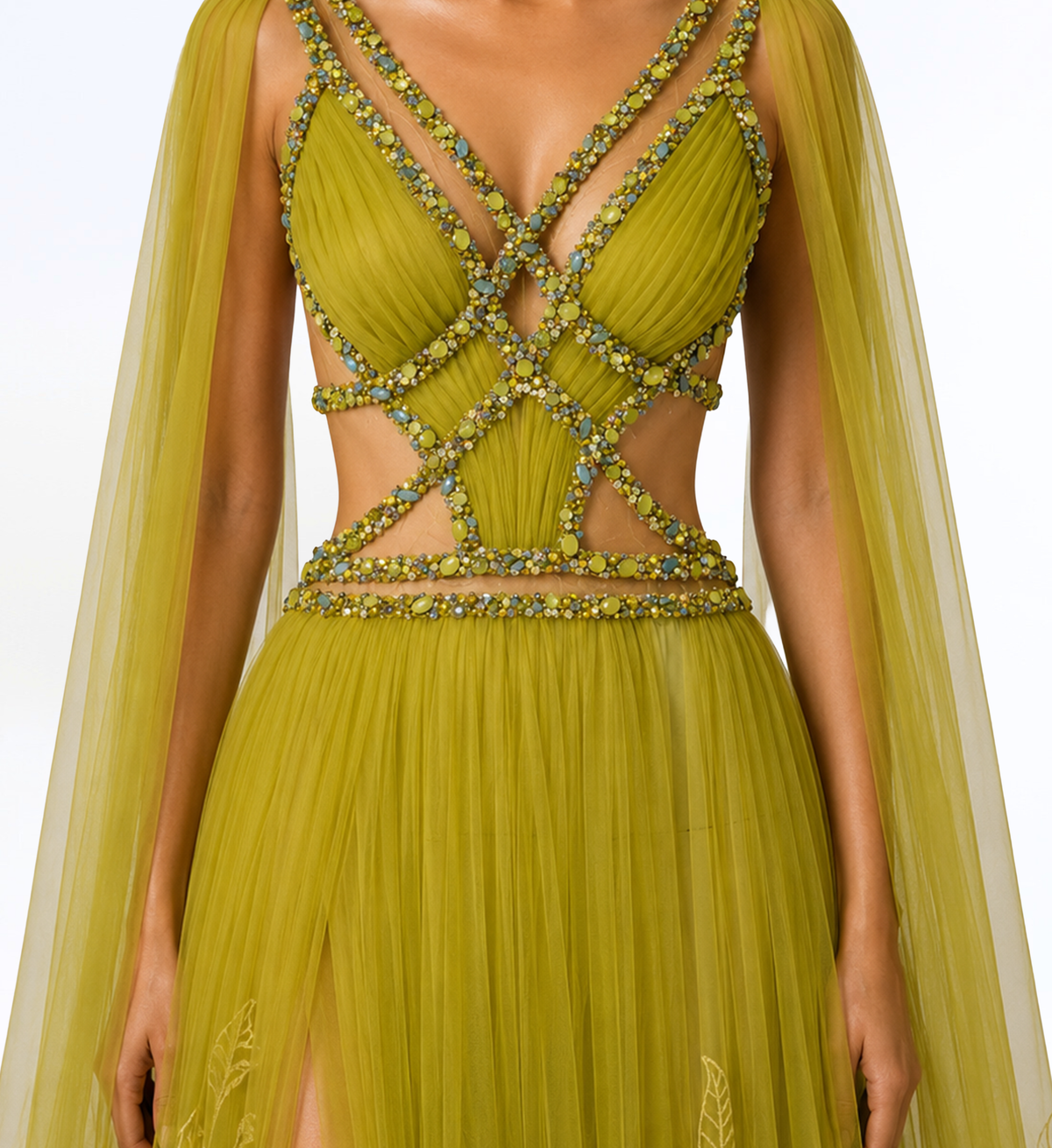 TULLE CUTOUT CAPE GOWN