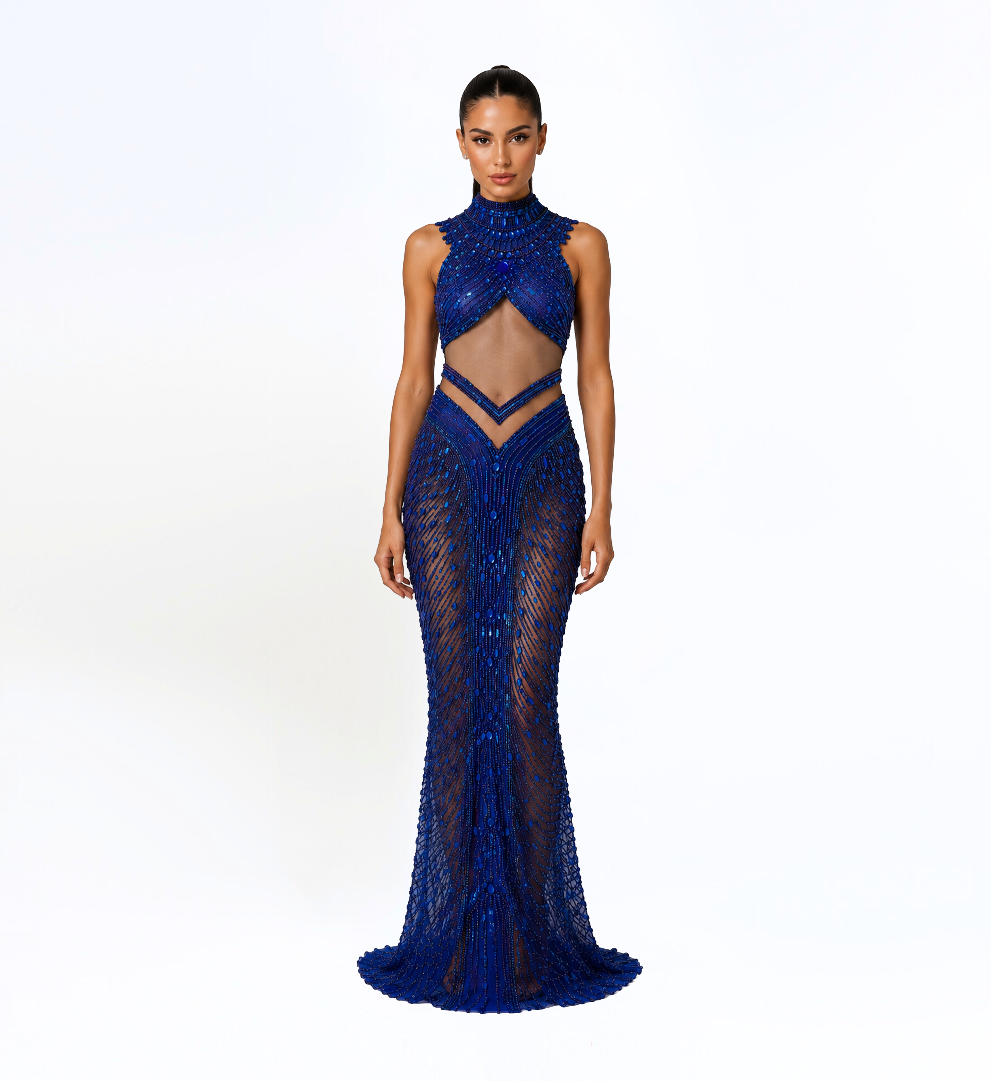 ROYAL BLUE ILLUSION BEADED GOWN