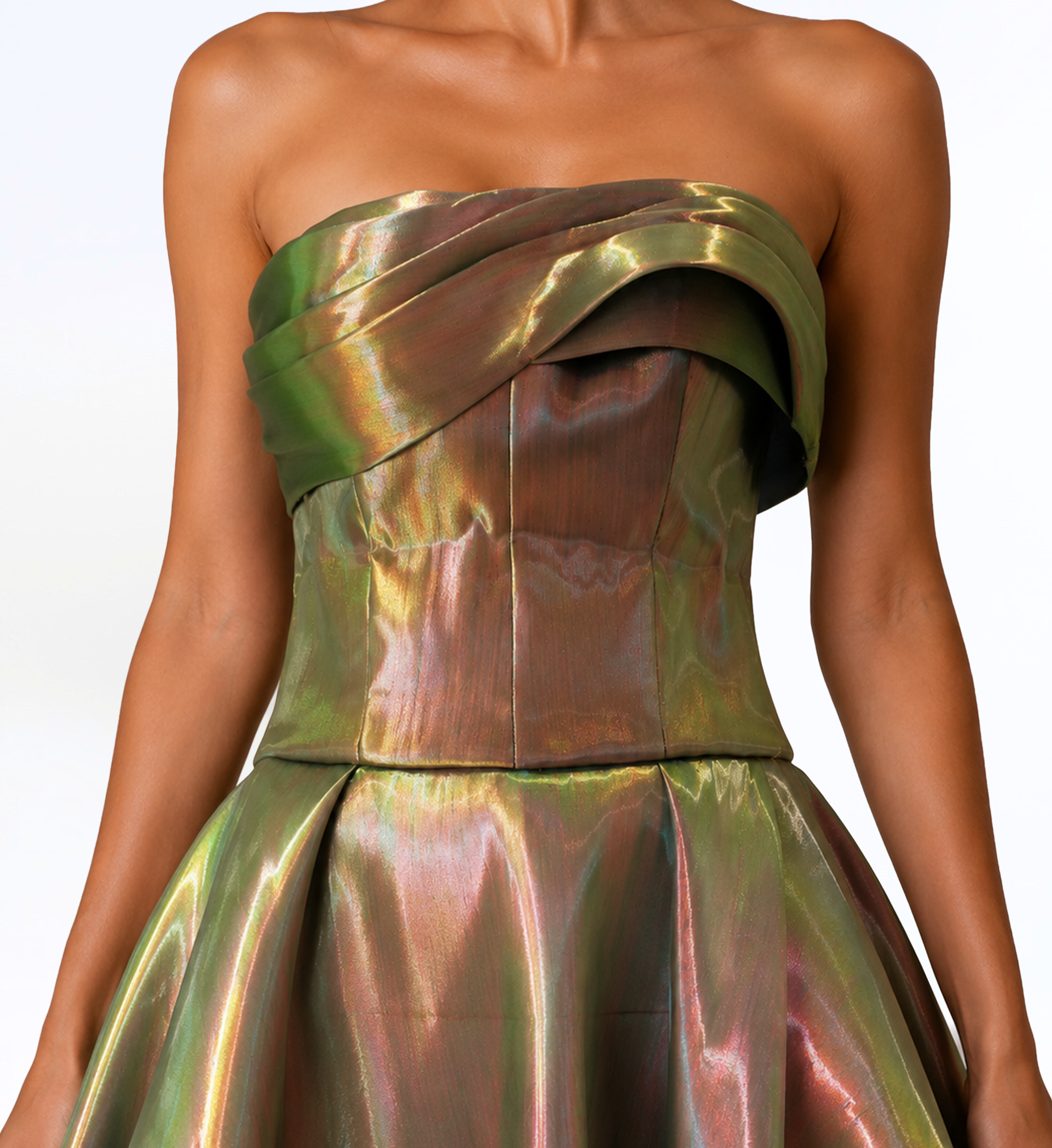 IRIDESCENT STRAPLESS MIDI DRESS