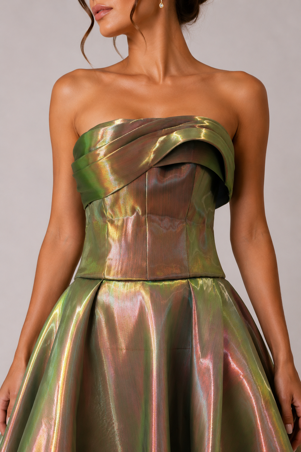 IRIDESCENT STRAPLESS MIDI DRESS