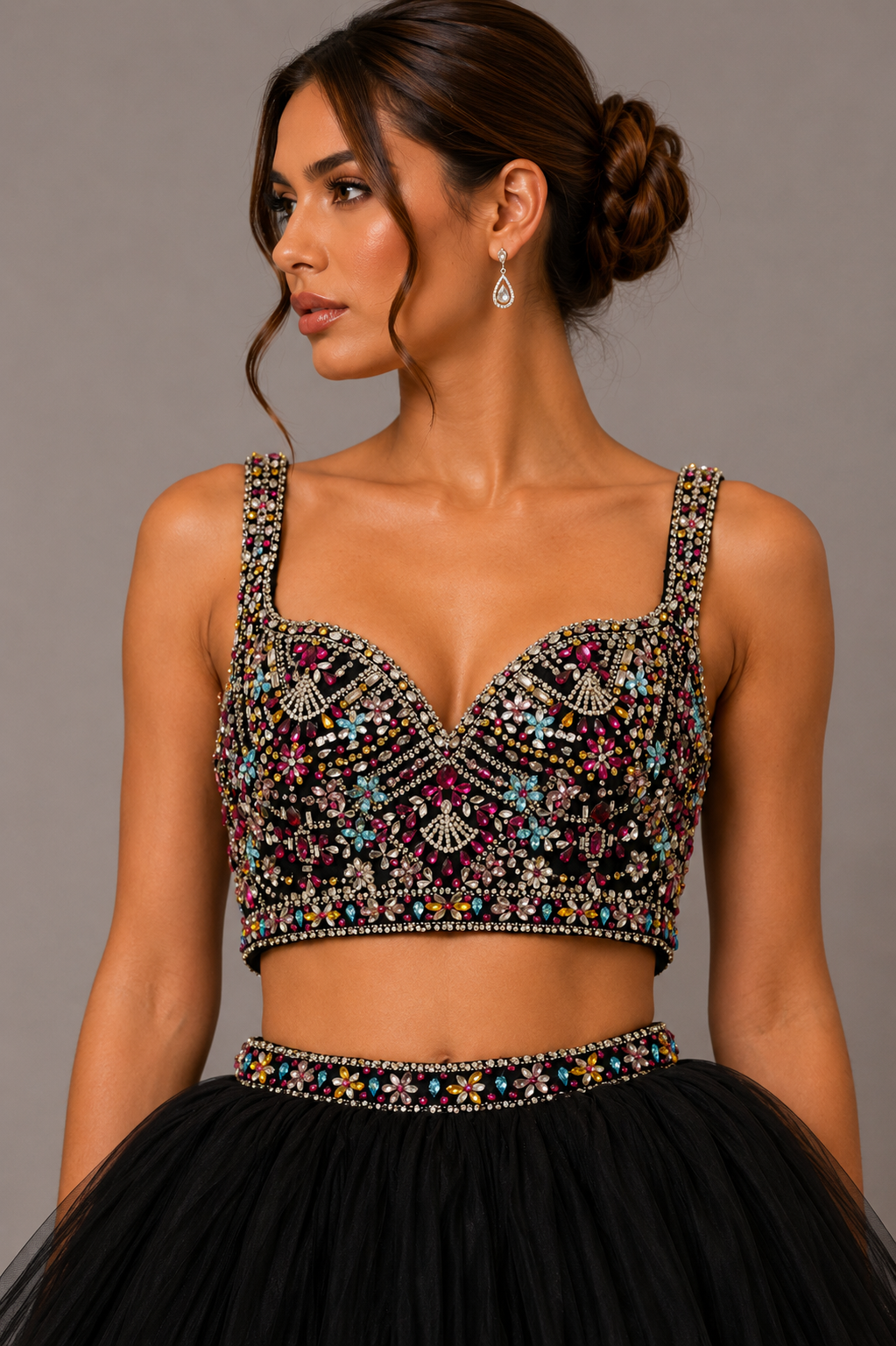 BLACK MULTICOLOR EMBELLISHED TULLE SKIRT SET