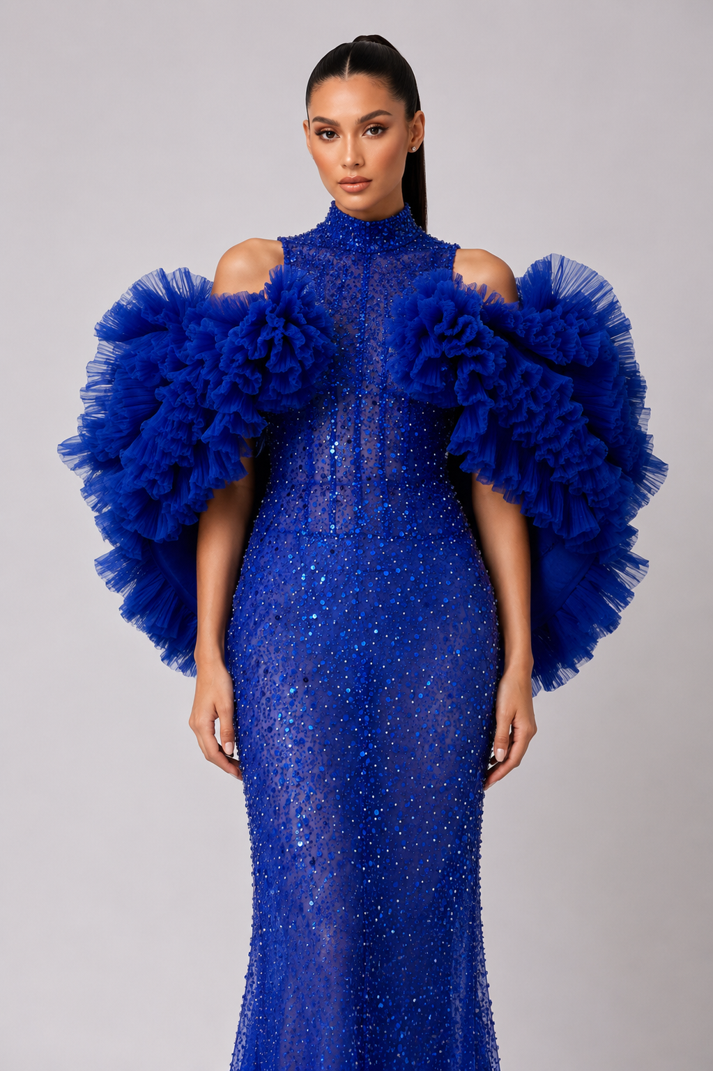 RUFFLE EMBELLISHED GOWN