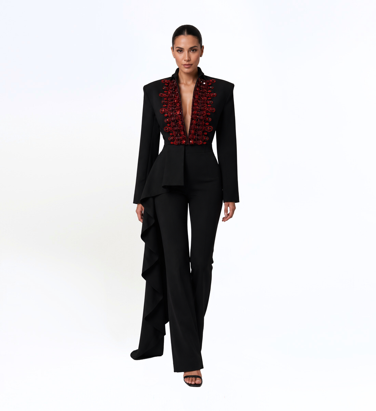 BLACK RED EMBELLISHED TAILORED JUMPSUIT
