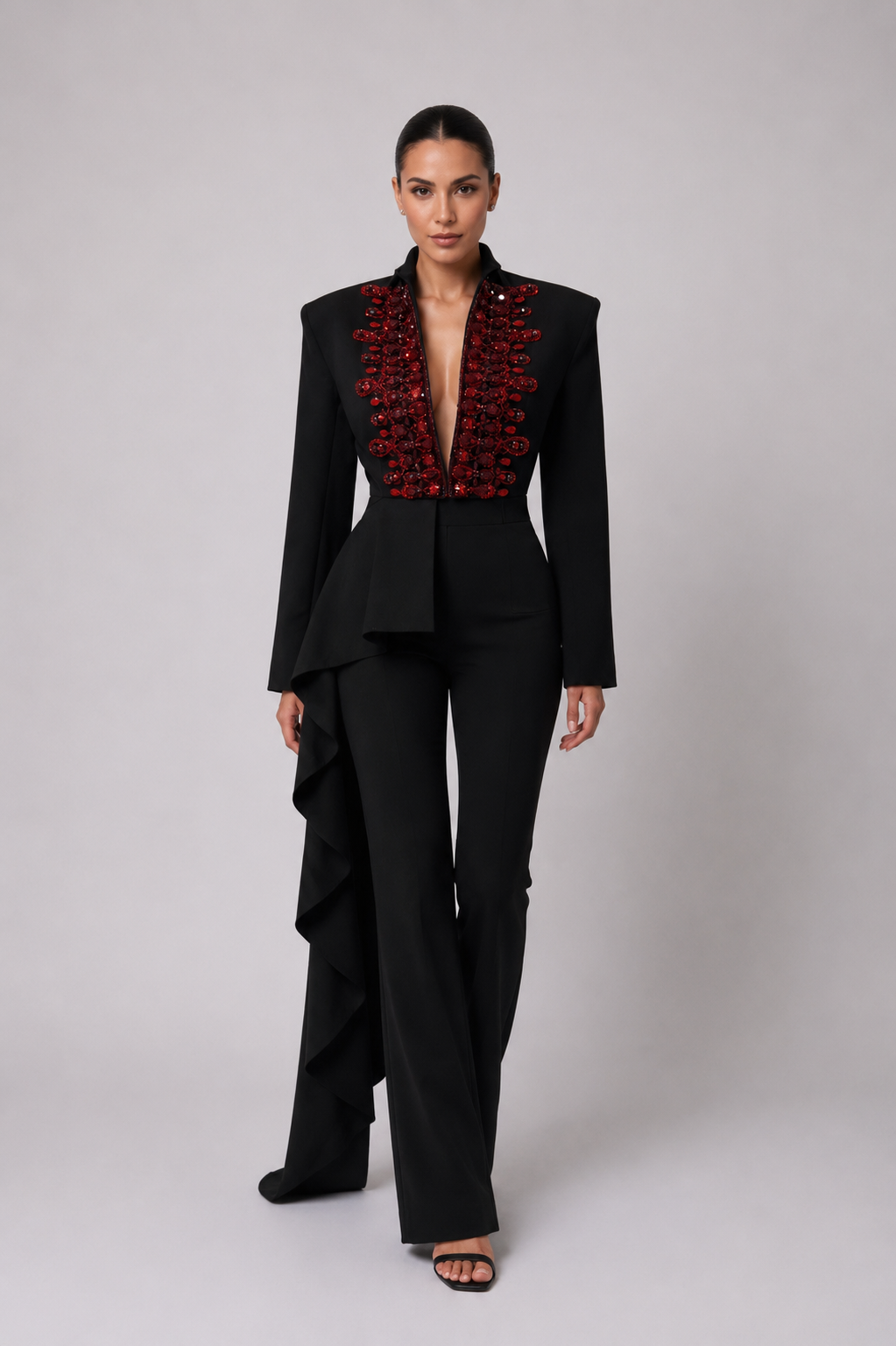 BLACK RED-EMBELLISHED TAILORED JUMPSUIT