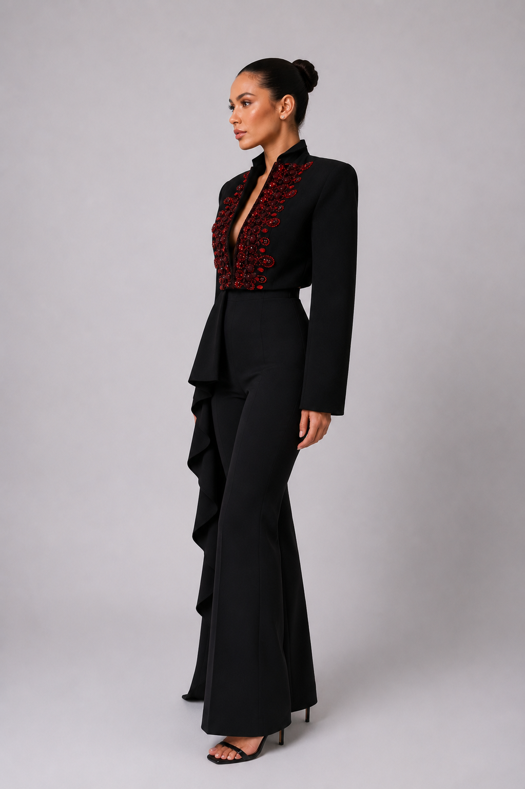 BLACK RED-EMBELLISHED TAILORED JUMPSUIT