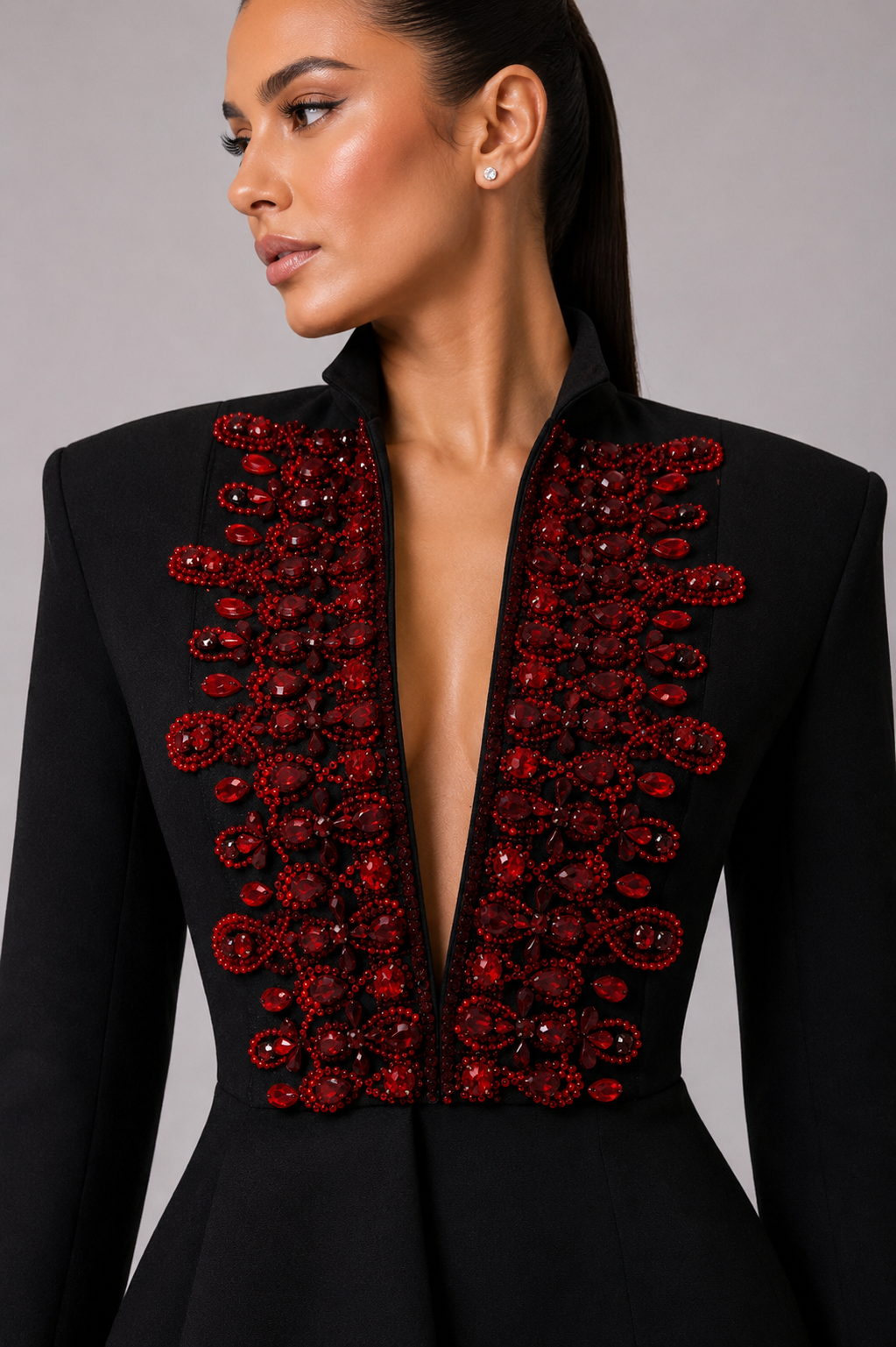 BLACK RED-EMBELLISHED TAILORED JUMPSUIT