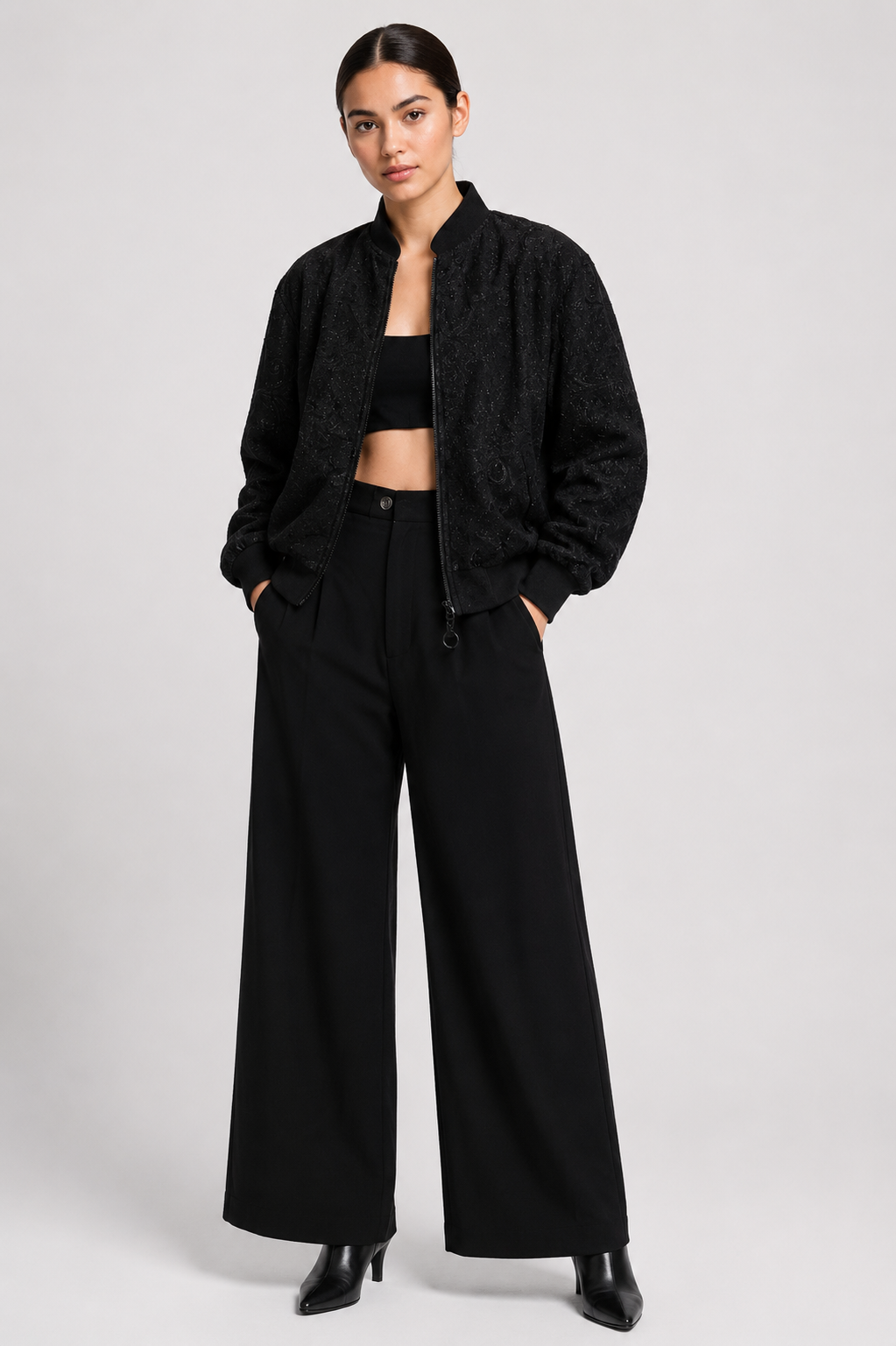 Embroidered Crepe Bomber Jacket