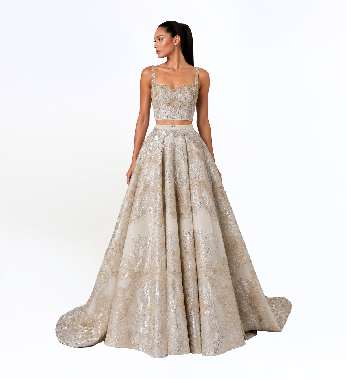 EMBELLISHED CROP TOP BALL SKIRT SET