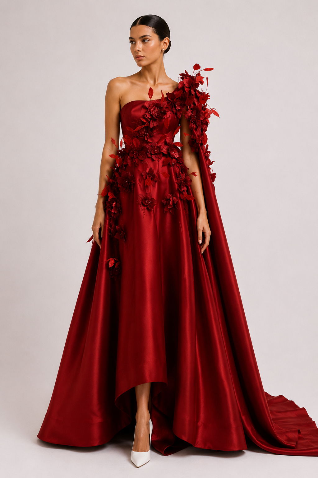 3D Flower Appliques Long Dress With Cape
