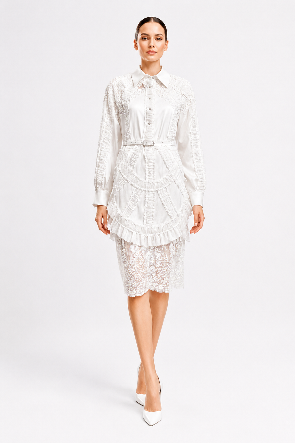 Thread Embroidered Ruffle Midi Dress