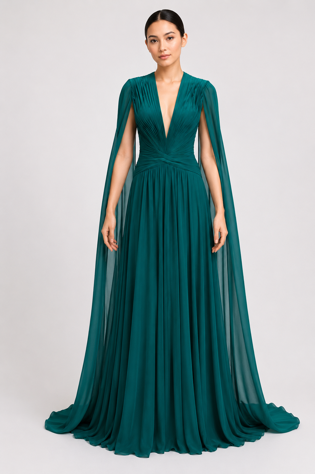Silk Chiffon Long Dress With Cape