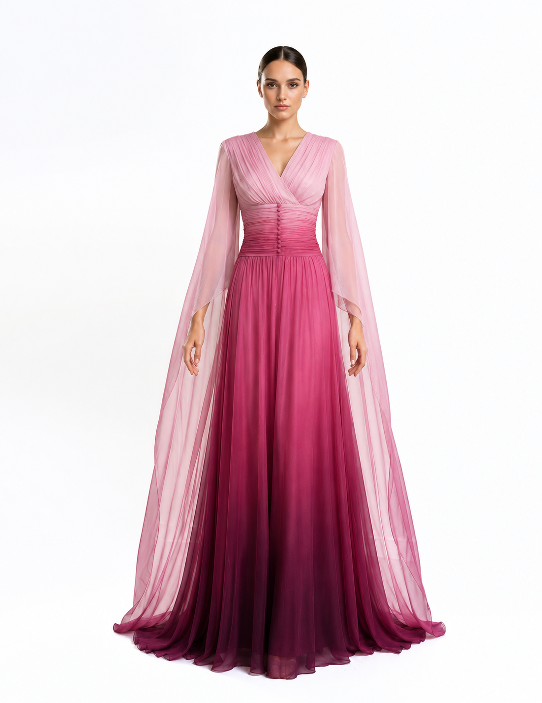 V-Neckline Long Dress With Cape