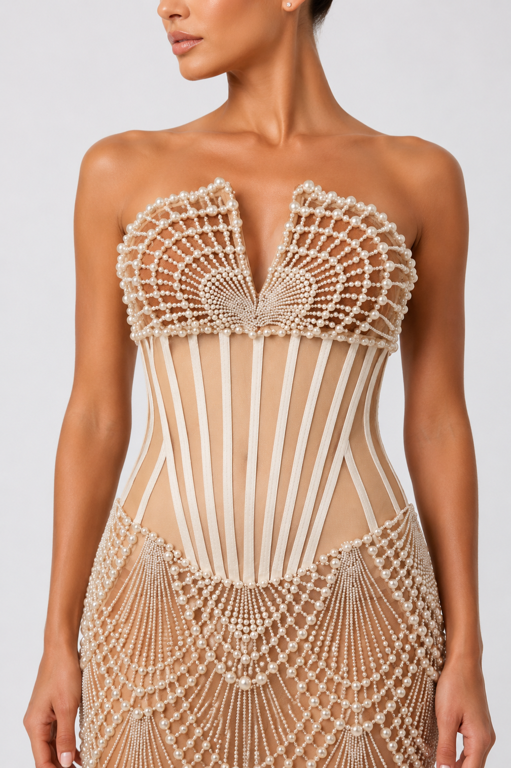 STRAPLESS PEARL MIDI DRESS