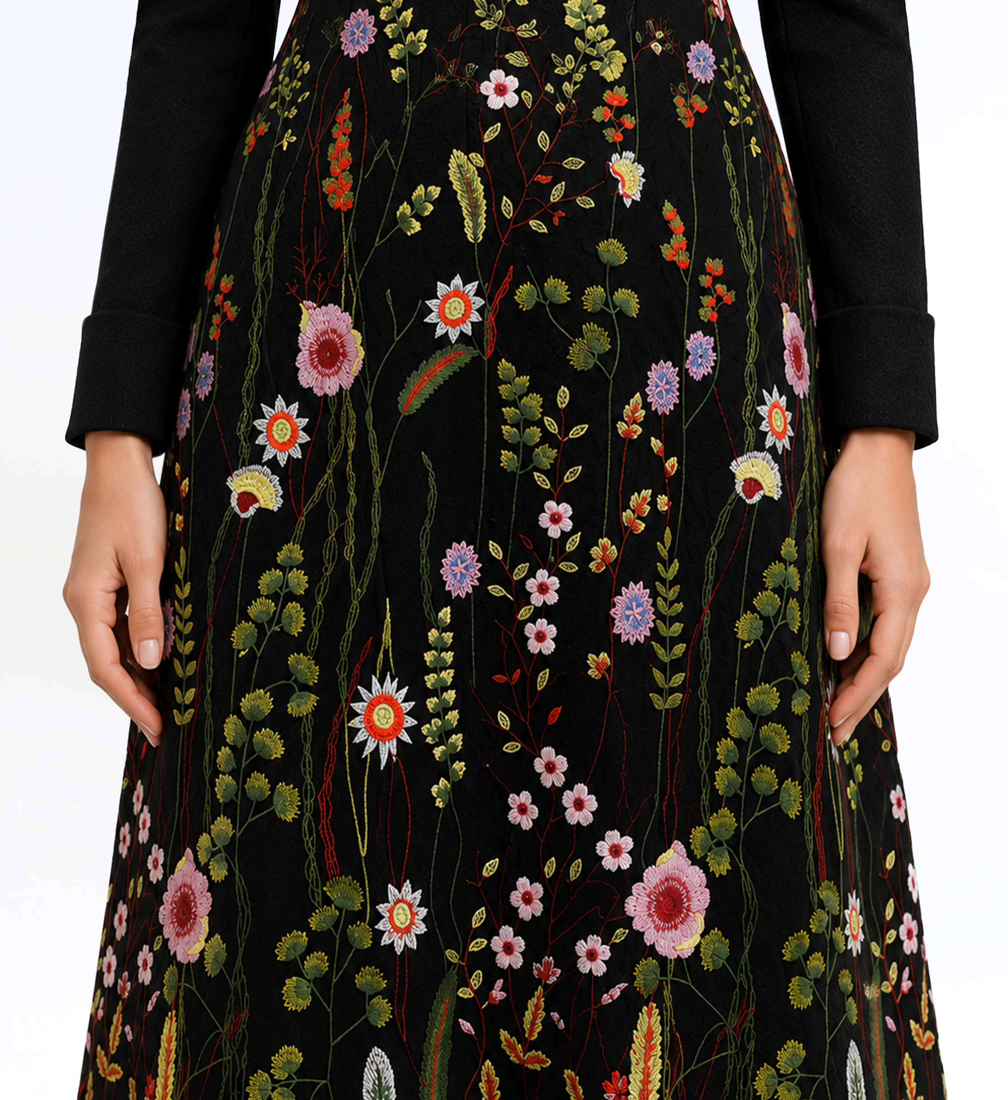Thread Embroidered Longsleeves Midi Dress