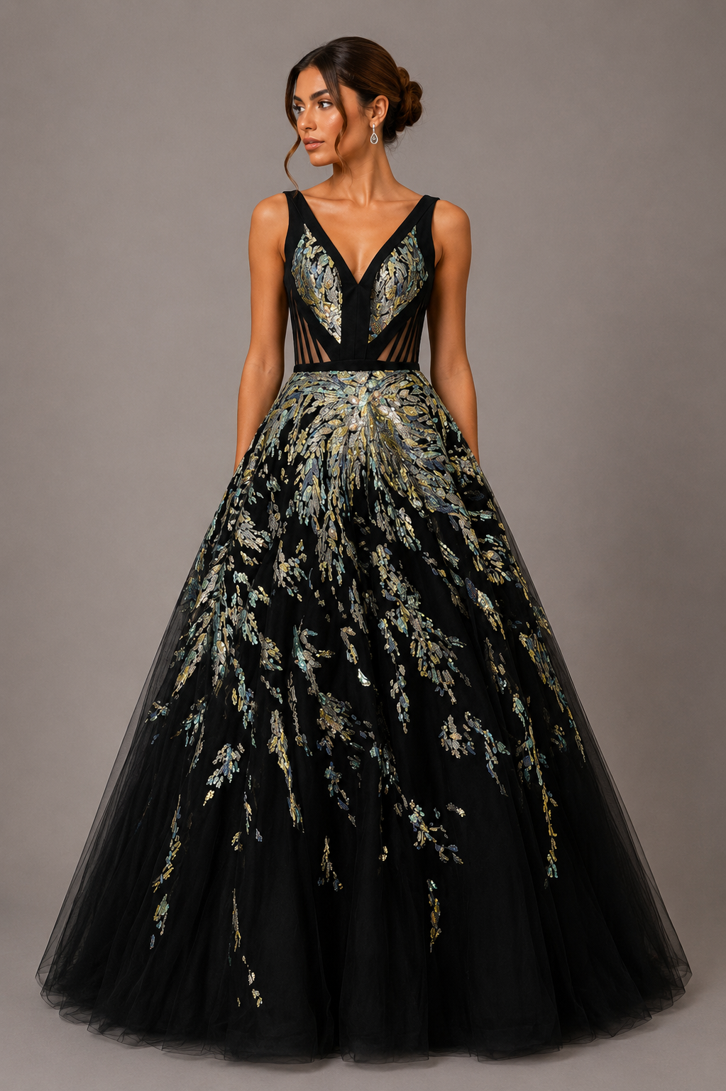 BLACK EMBELLISHED TULLE BALL GOWN