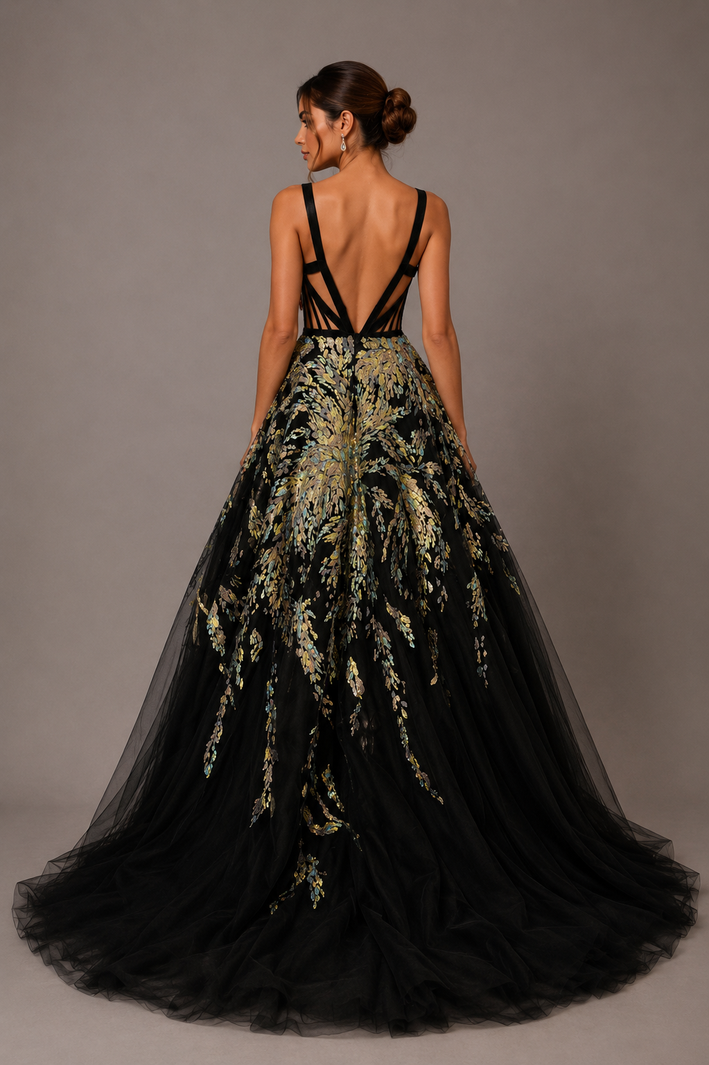 BLACK EMBELLISHED TULLE BALL GOWN