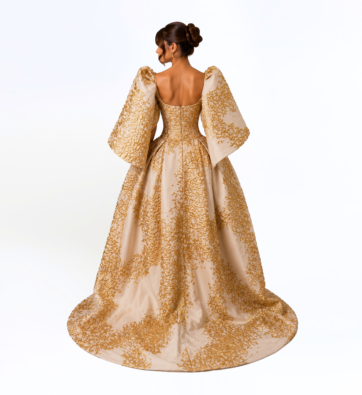 IVORY AND GOLD SCULPTURAL BALL GOWN